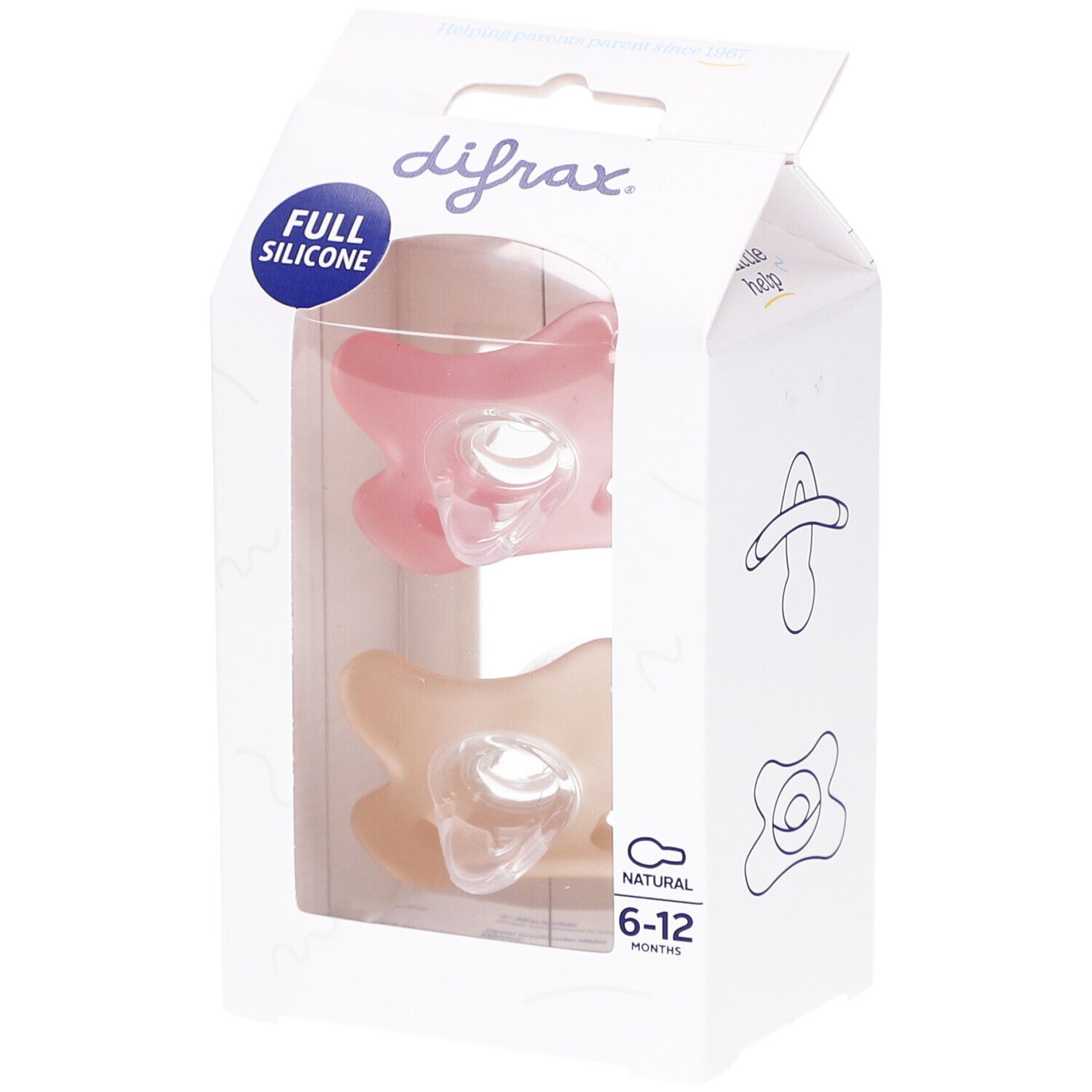 Verpackung mit zwei Schnullern aus Silikon. Rosa und beige. Sichtfenster. Marke Difrax.