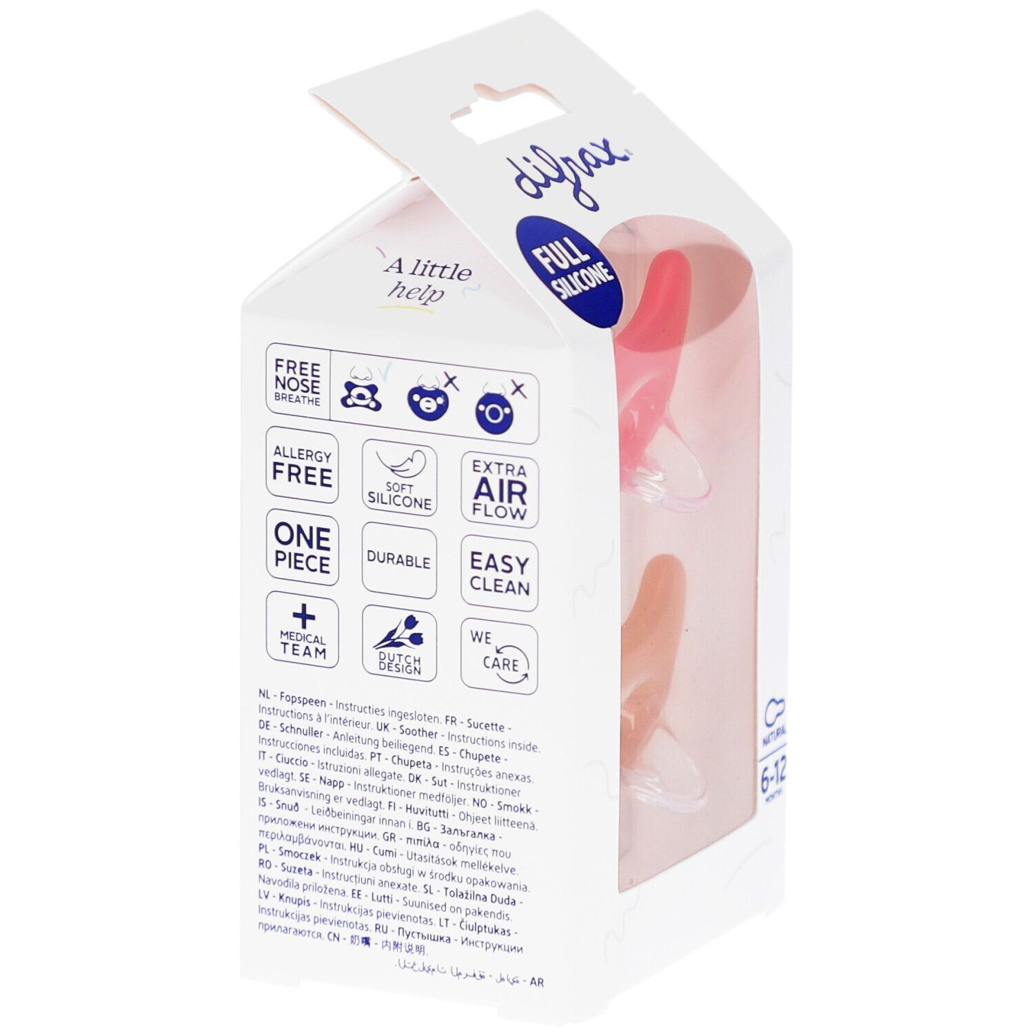 Verpackung mit zwei Schnullern. Rosa und beige. Text: Full Silicone, Allergy Free, Extra Air Flow. Marke Difrax.