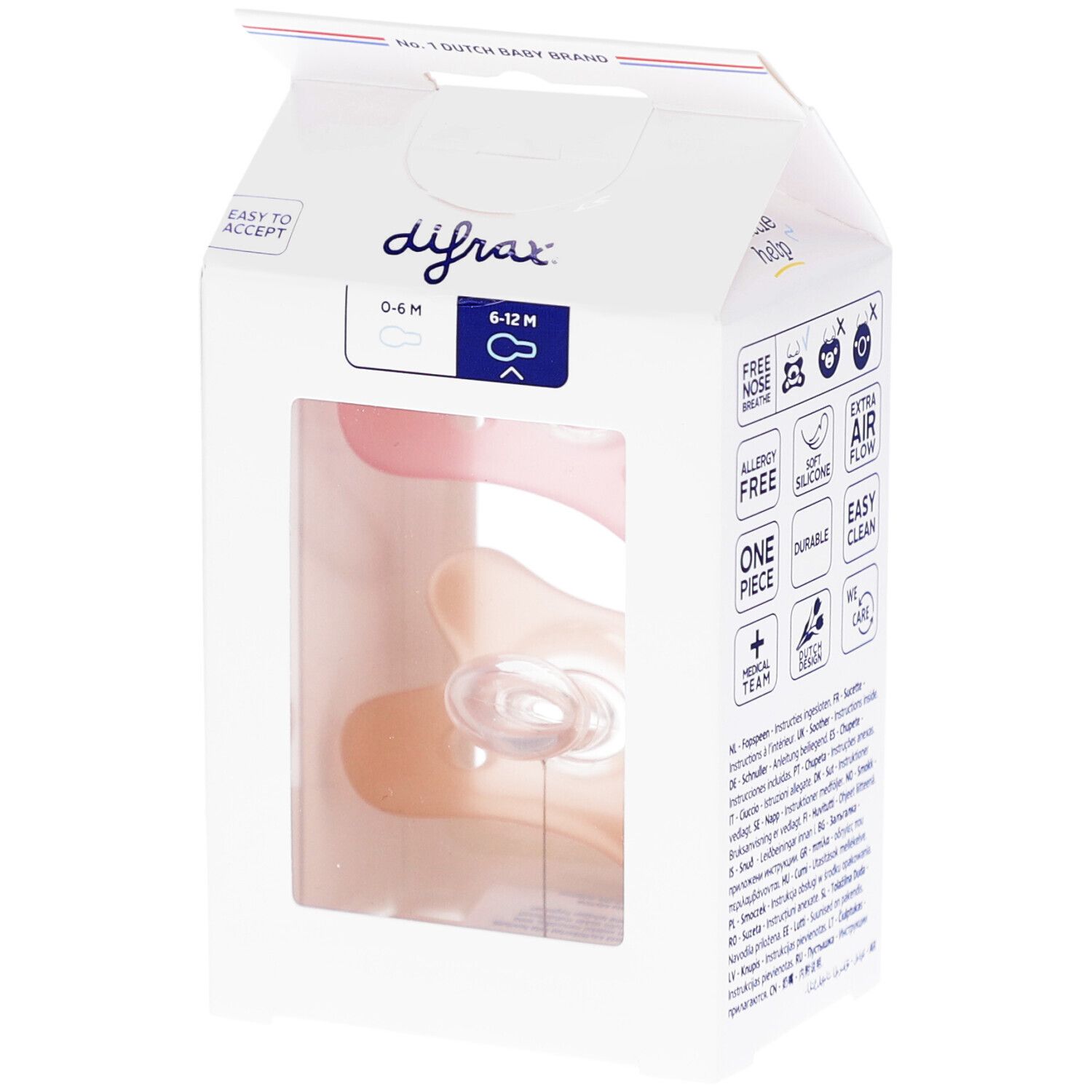 Verpackung mit Schnuller. Rosa und beige. Text: 0-6M, 6-12M. Marke Difrax.