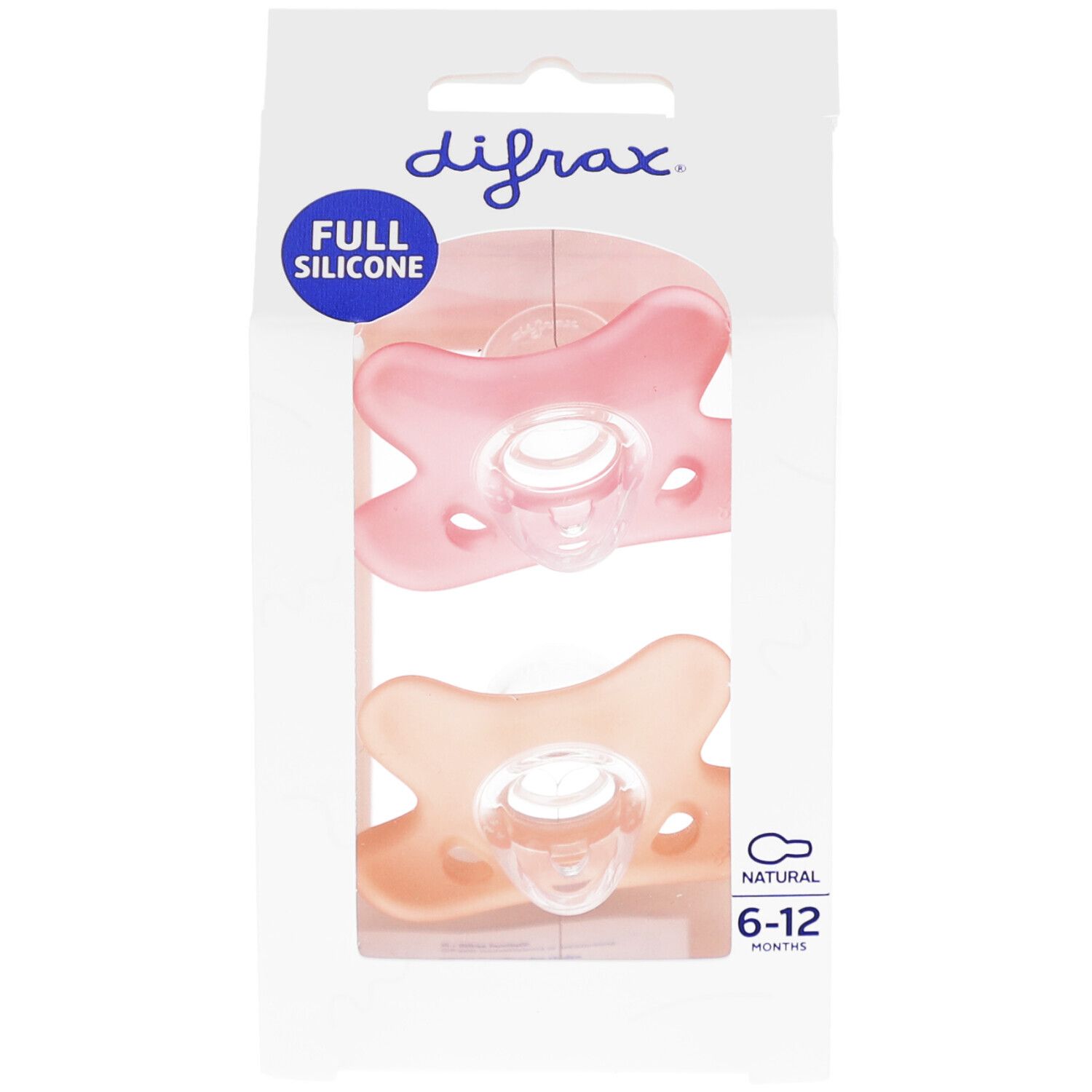 Zwei Schnuller in einer Blisterverpackung. Rosa und beige. Marke Difrax. Text: 6-12 Monate.