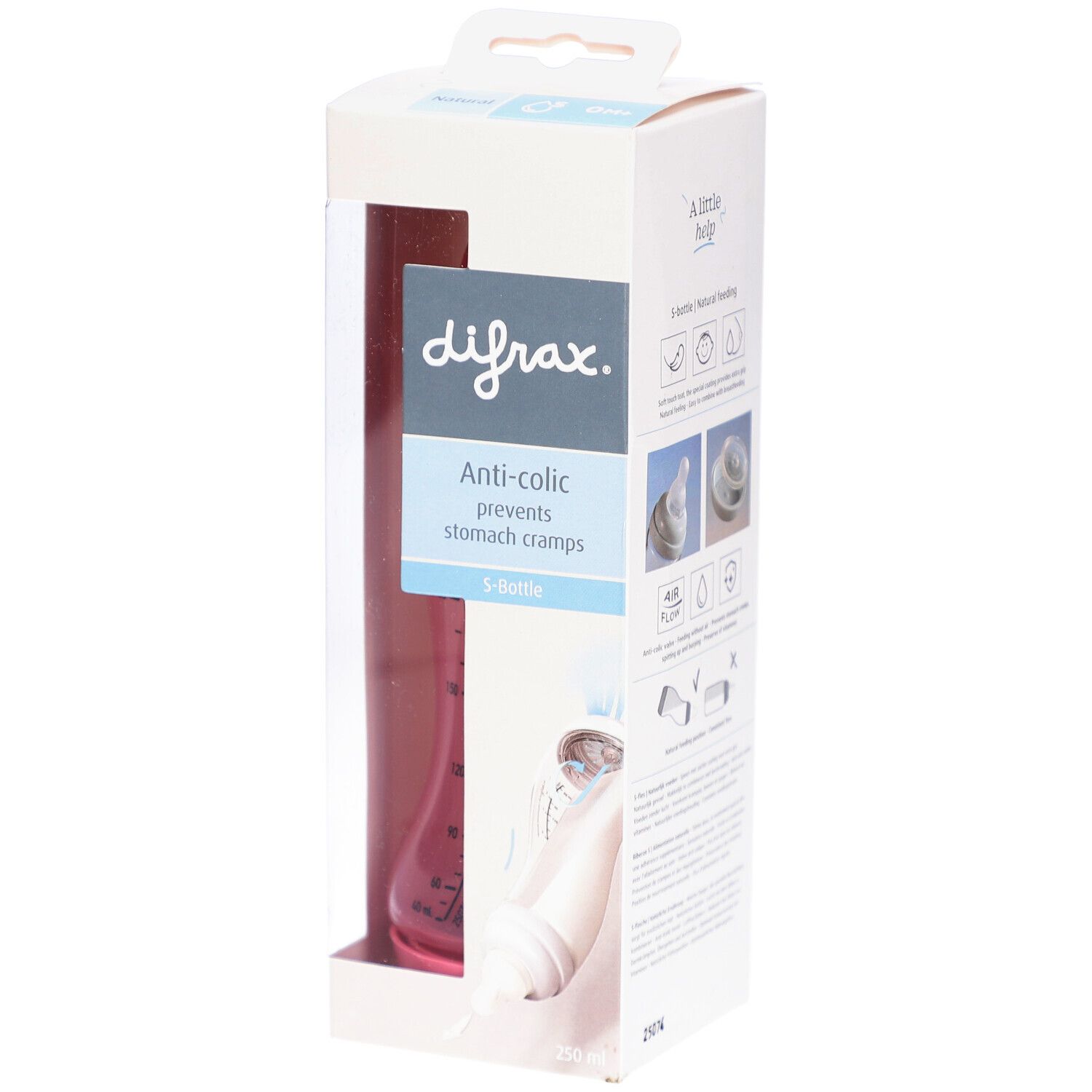 Verpackung mit Babyflasche. Marke Difrax, Anti-colic, verhindert Bauchkrämpfe. Flasche rosa, mit Messskala. 250 ml.