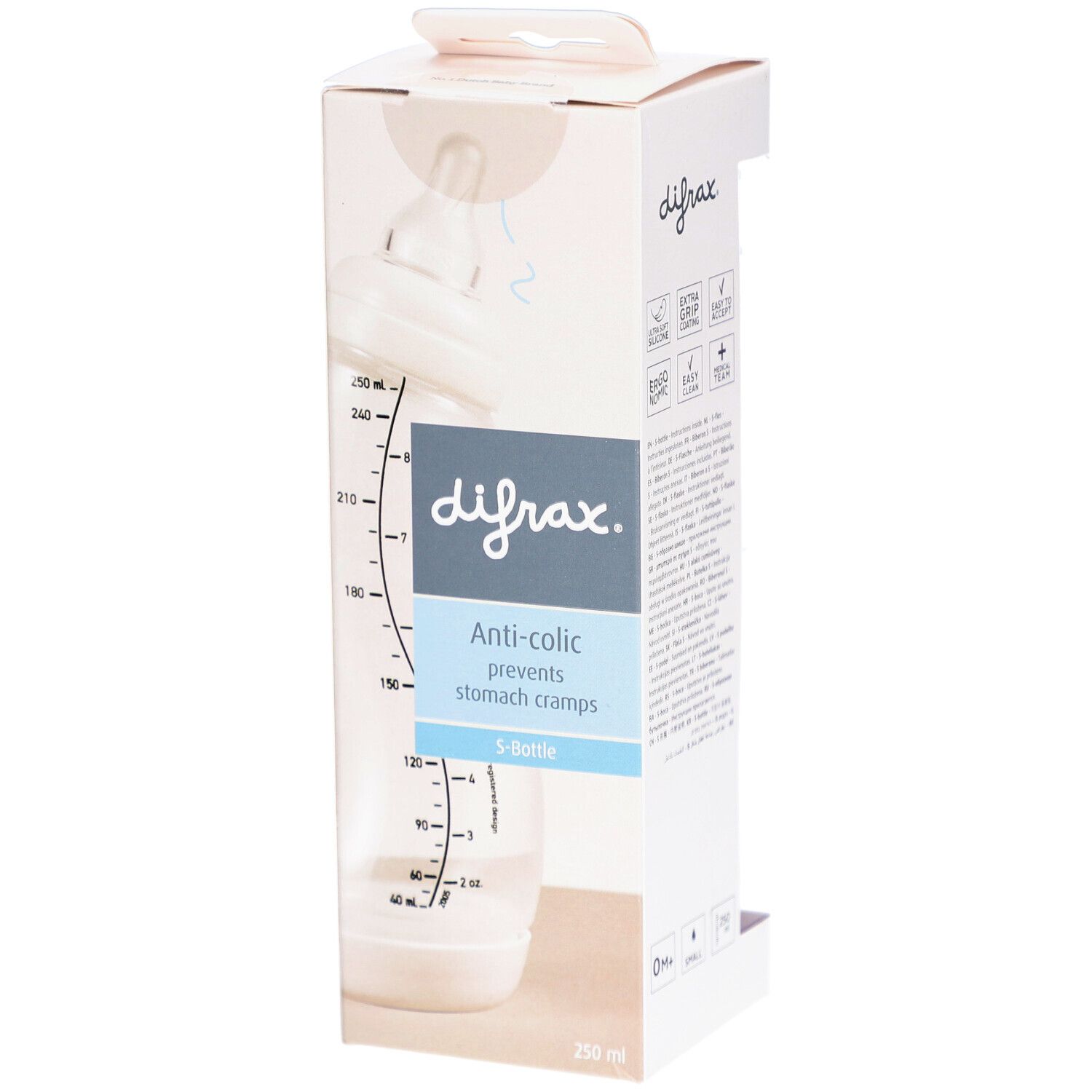 Verpackung mit Babyflasche. Marke Difrax, Anti-colic, verhindert Bauchkrämpfe. Flasche mit Messskala. 250 ml.