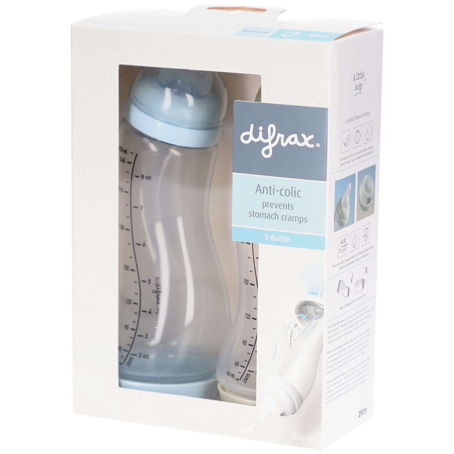 Emballage avec deux biberons. Biberons bleus et transparents avec échelle de mesure. Inscription : difrax. Anti-colic.