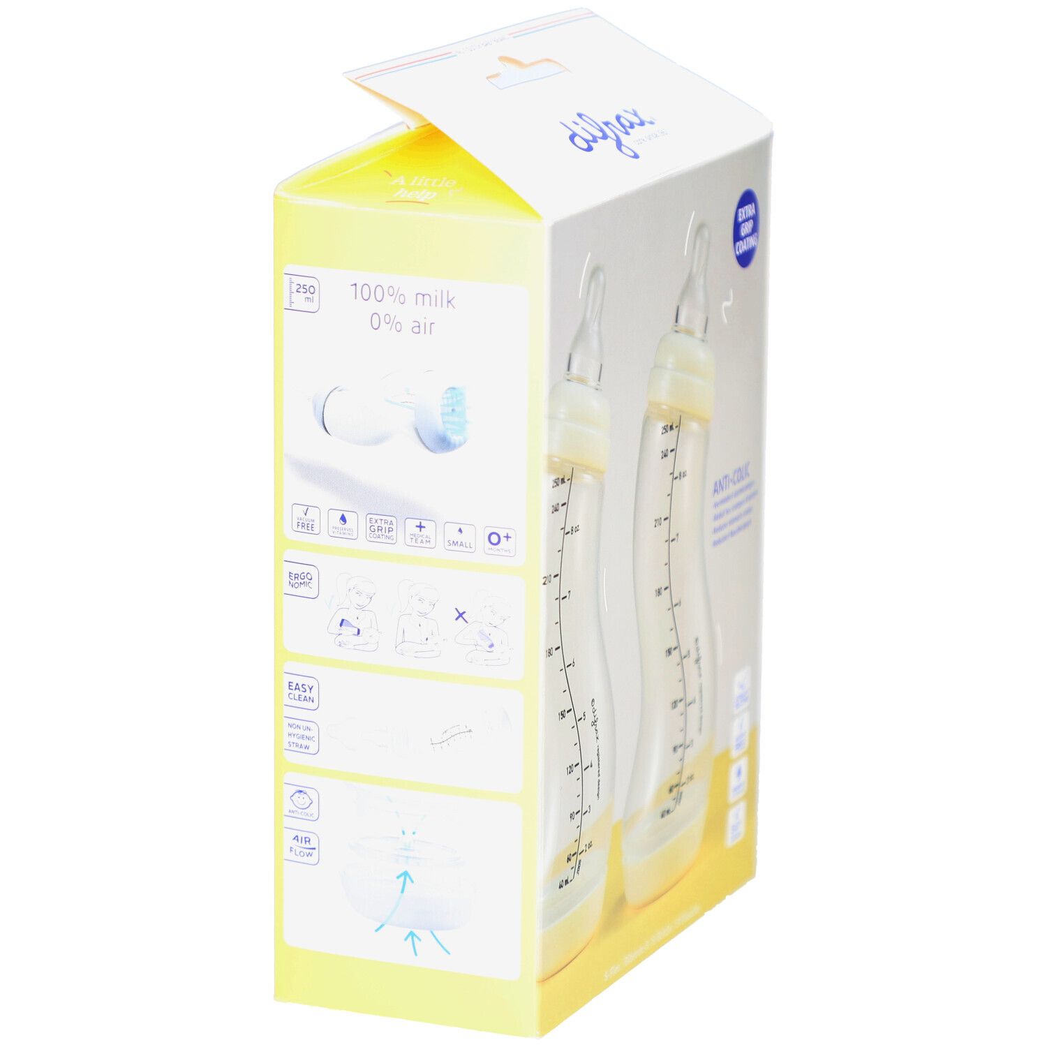 Côté de l'emballage avec informations produit. Biberons Difrax S-Fles, anti-colique. Emballage jaune. Marque Difrax.