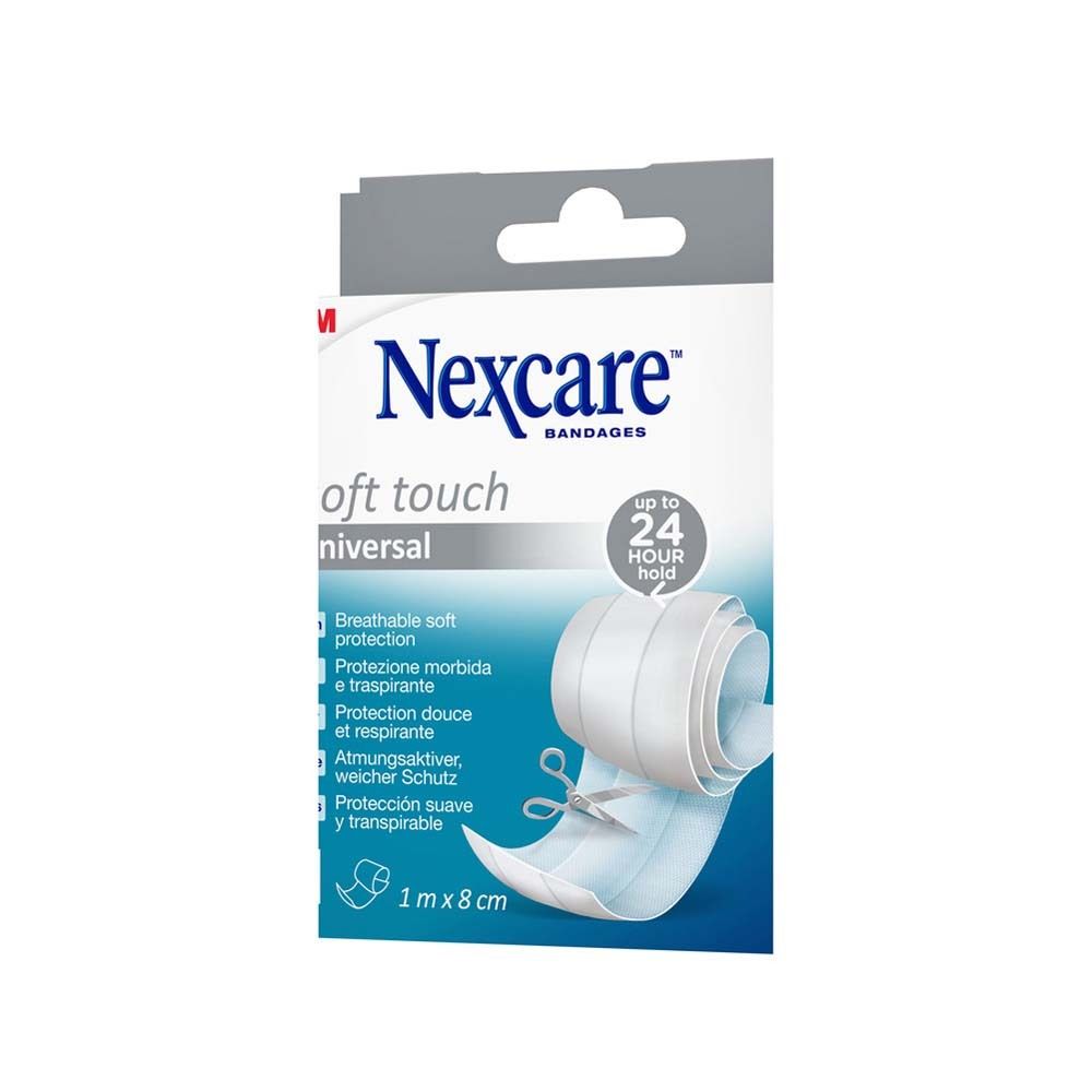 Rückseite der Nexcare Soft Touch Universal-Bandage. Produktmerkmale in verschiedenen Sprachen. 3M-Logo.