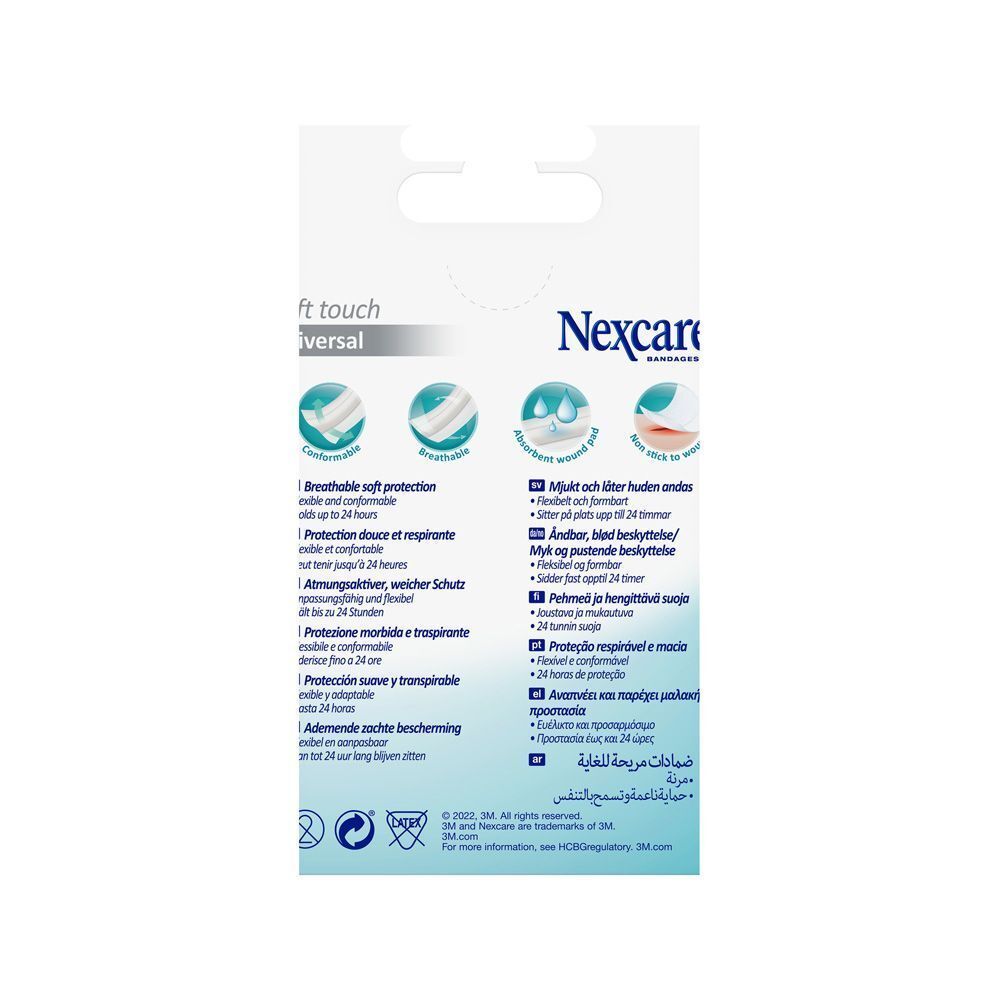 Dos de la boîte Nexcare Soft Touch Universal-Bandage. Caractéristiques du produit en plusieurs langues.