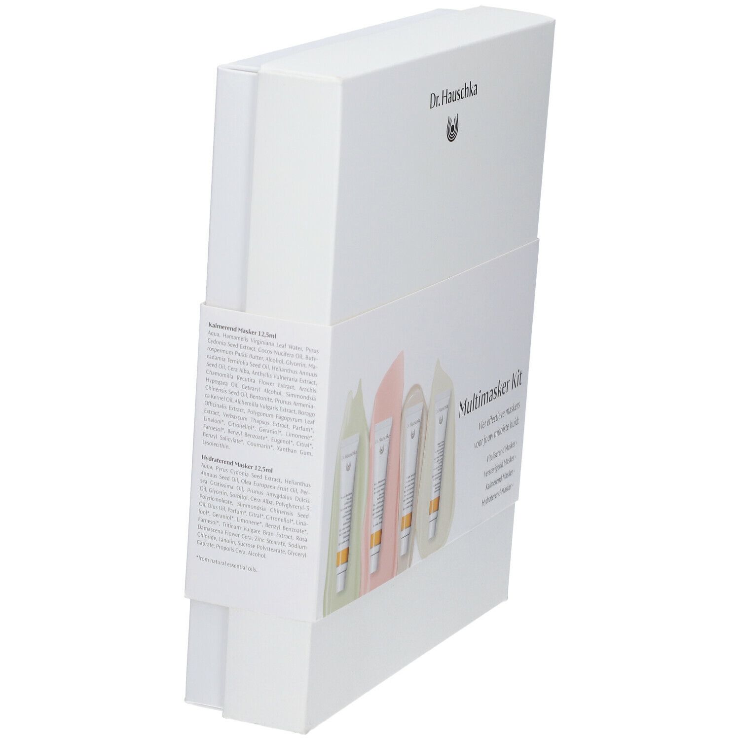 Boîte blanche avec logo Dr. Hauschka. Emballage du produit avec texte et illustration. Vue latérale.