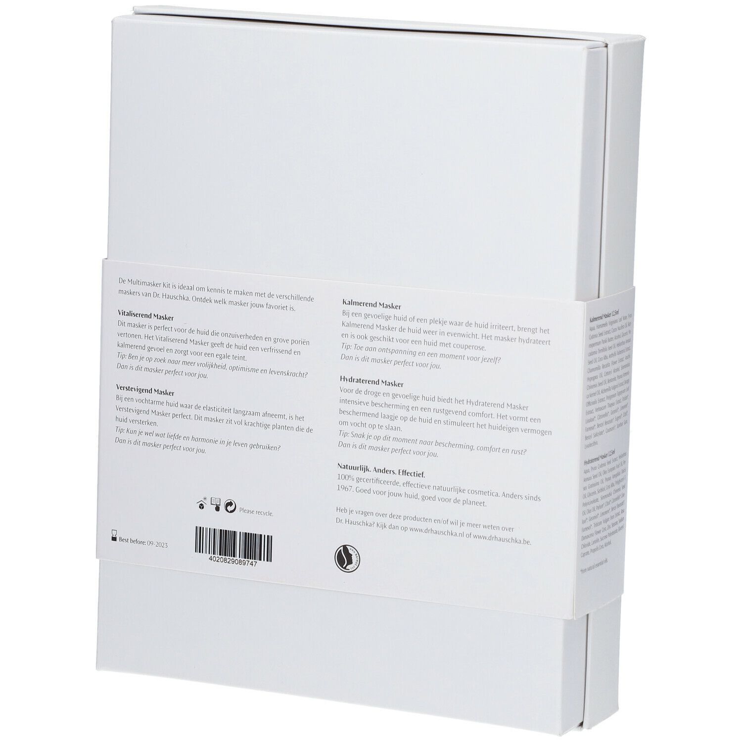 Dos de l'emballage blanc du produit. Informations textuelles et code-barres sur l'emballage.
