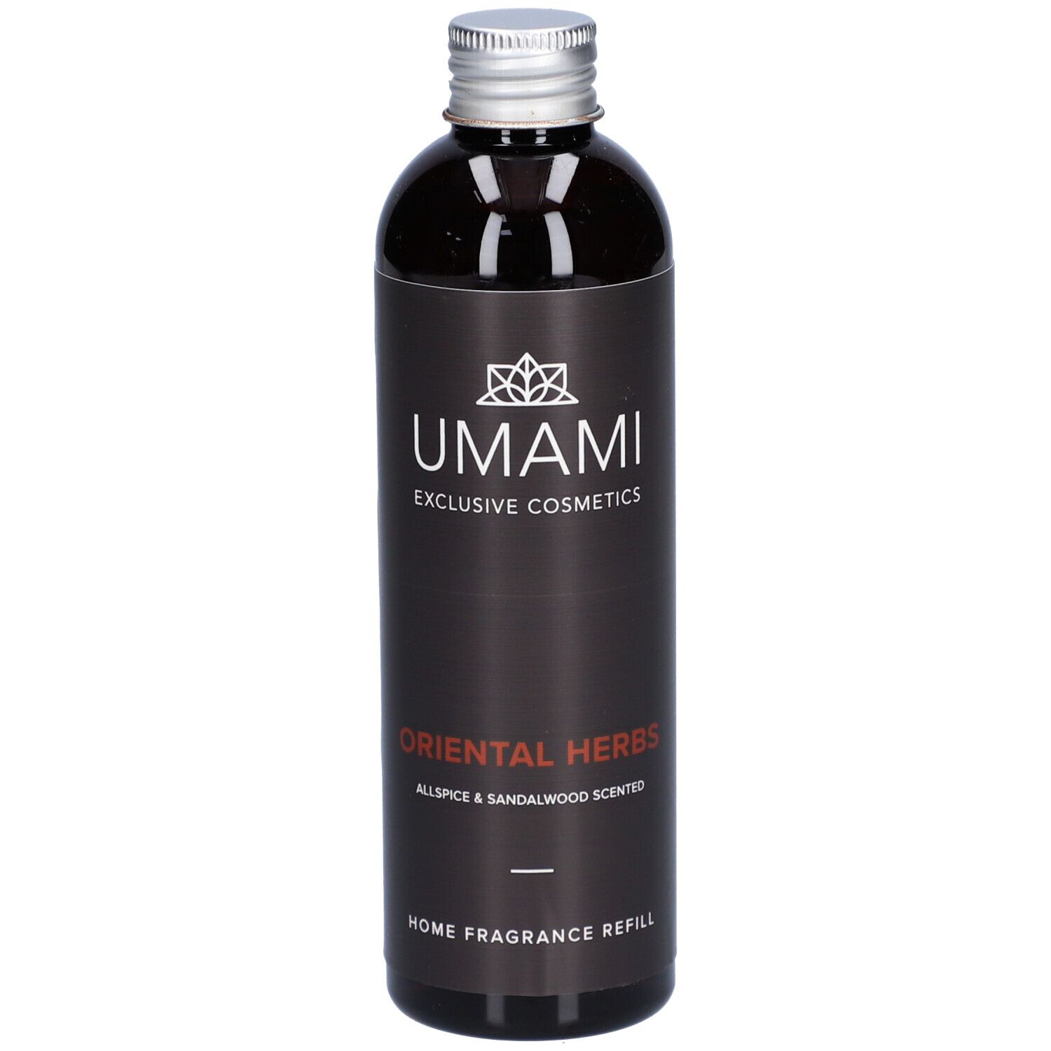 Flacon marron avec bouchon argenté. Inscription: UMAMI, ORIENTAL HERBS, HOME FRAGRANCE REFILL.