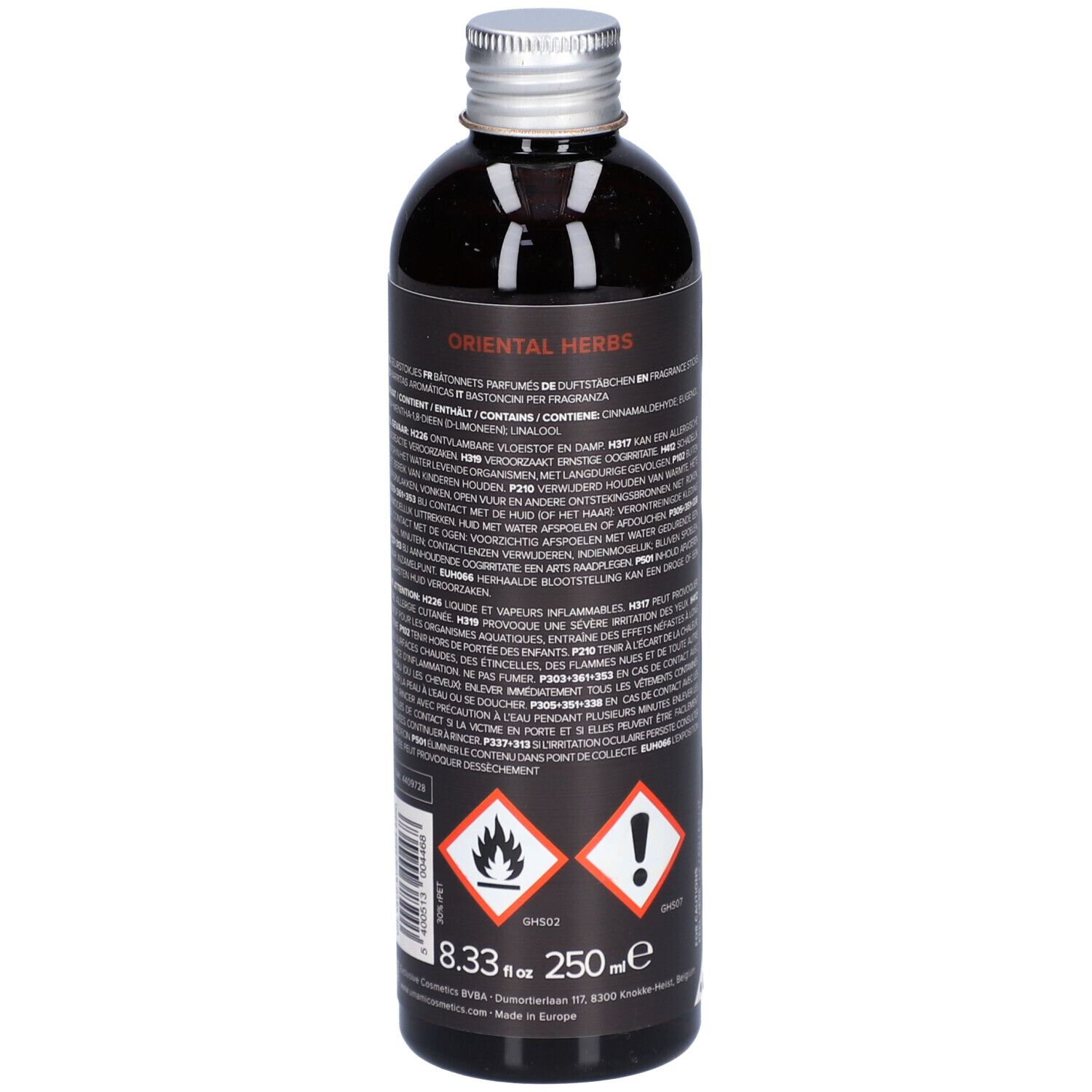 Dos du flacon. Texte multilingue. Pictogrammes de danger. Volume: 250 ml.