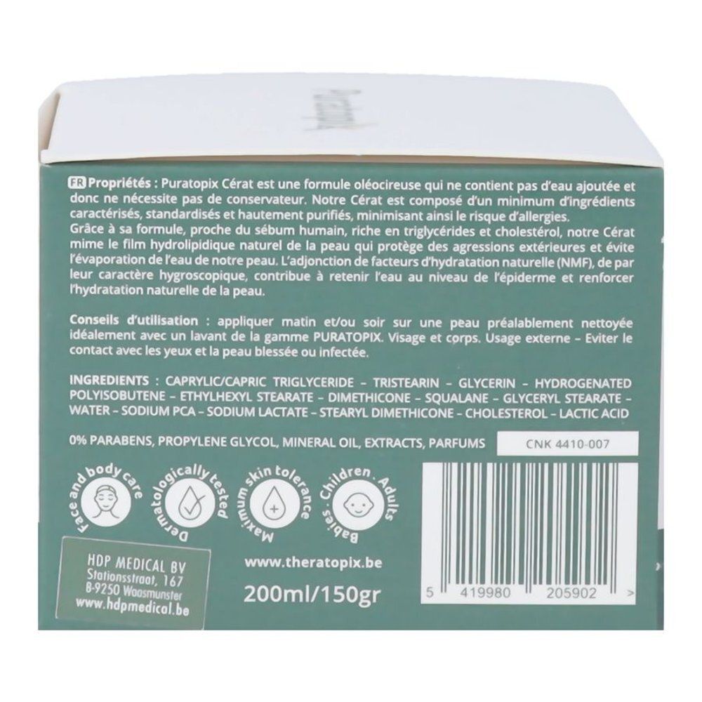 Emballage du produit. Inscription: Puratopix Cérat. Emballage vert et blanc avec texte et logo.