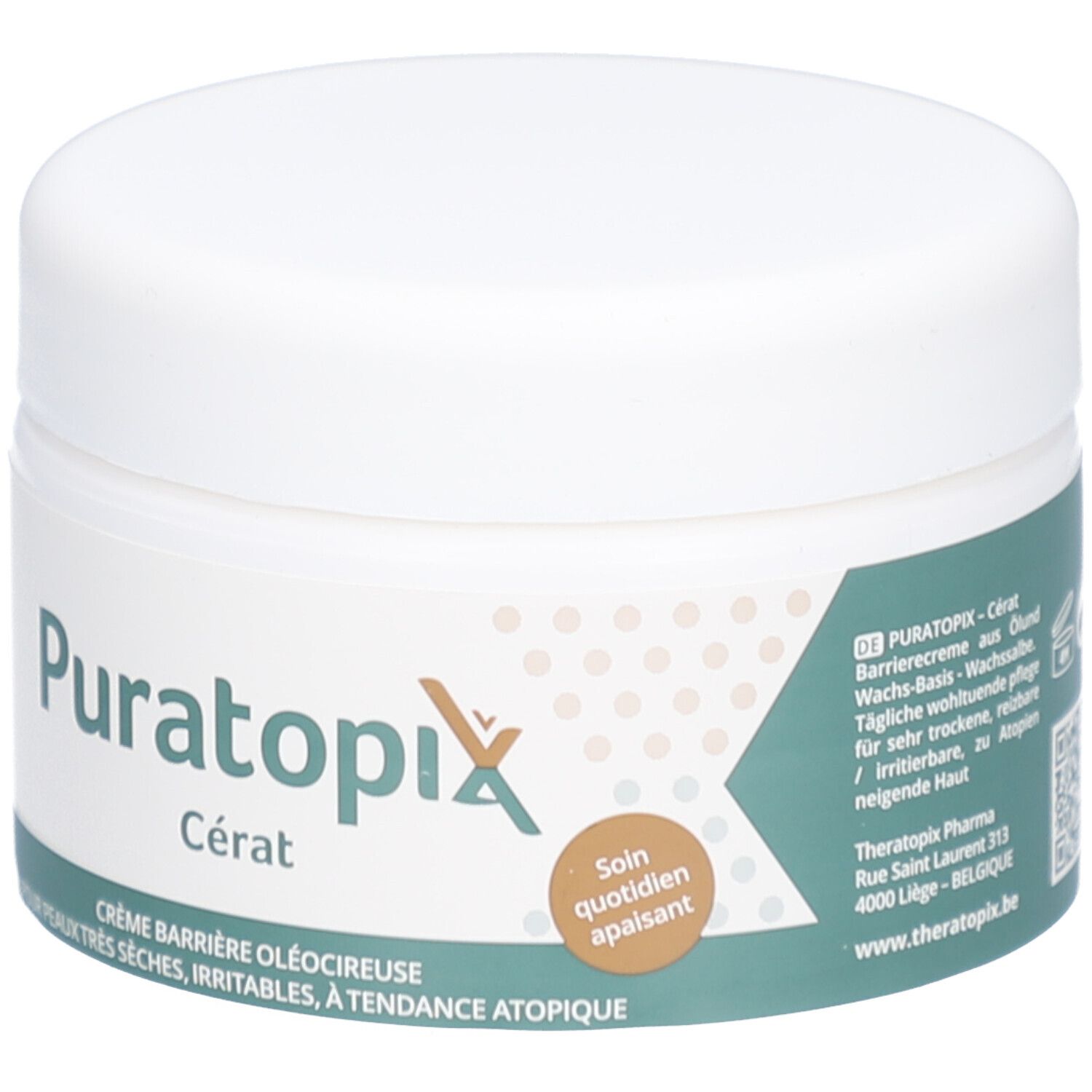 Weißes Tiegel mit Produktaufdruck. Aufschrift: Puratopix Cérat. Grün-weiße Banderole mit Text.