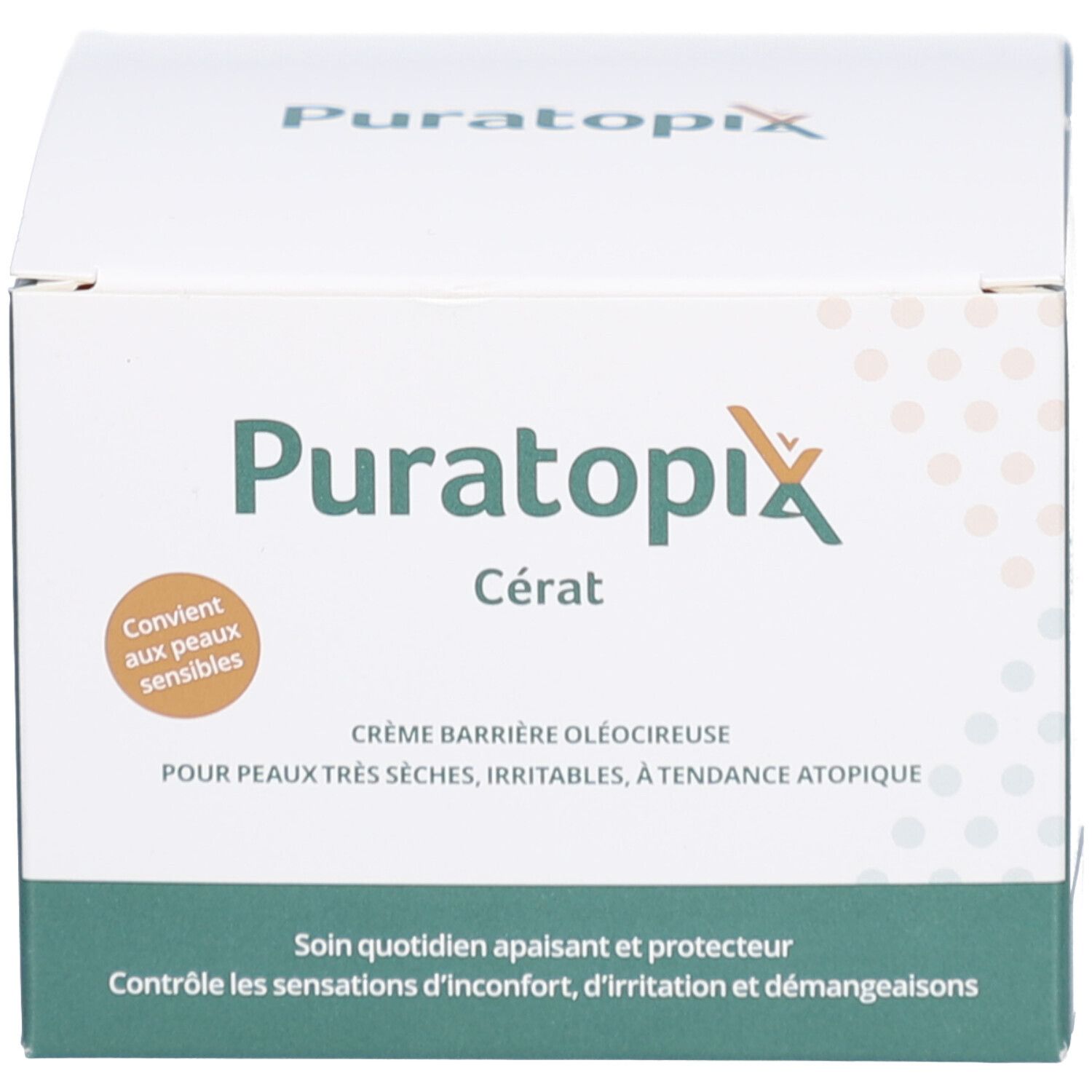 Produktverpackung. Aufschrift: Puratopix Cérat. Grün-weiße Verpackung mit Text und Logo.