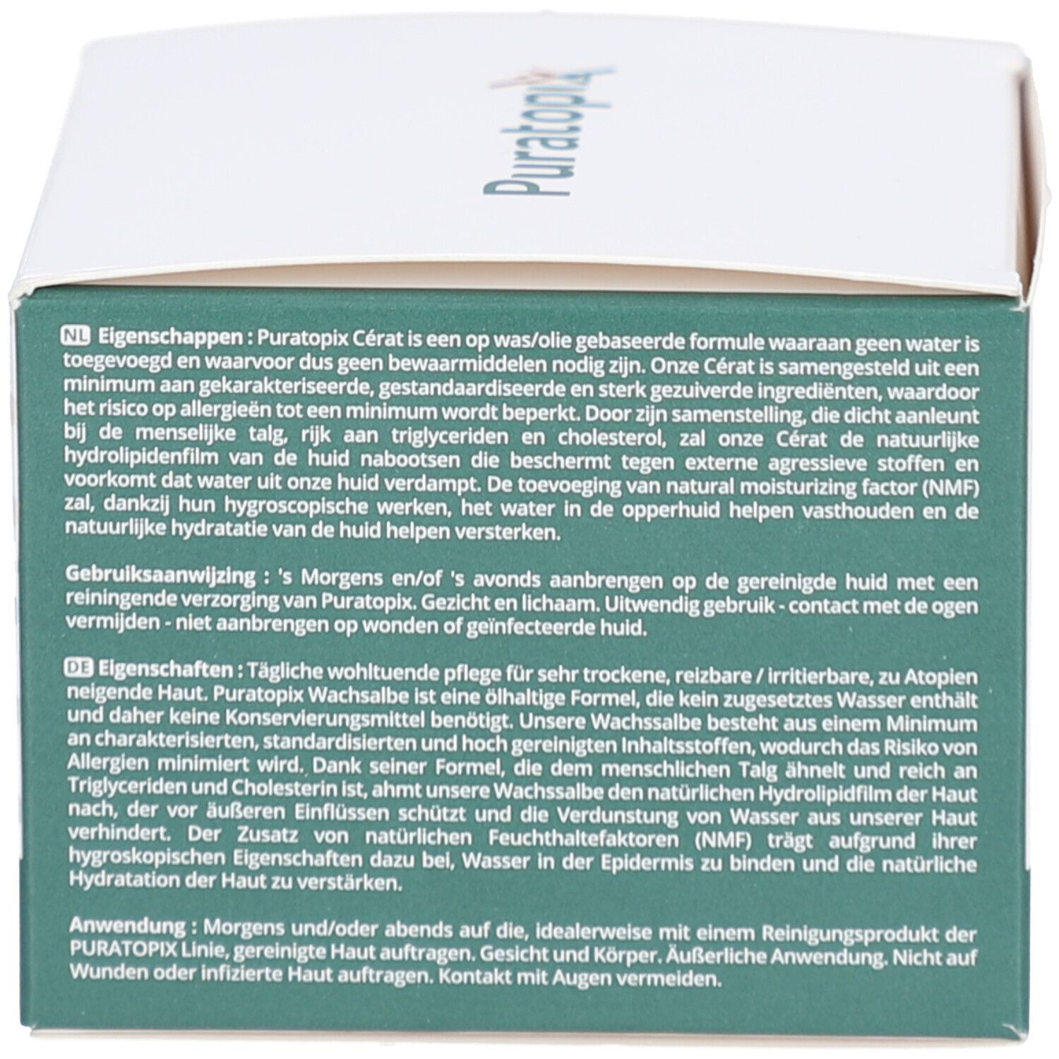 Rückseite der Produktverpackung. Text in deutscher Sprache. Aufschrift: Puratopix Cérat.