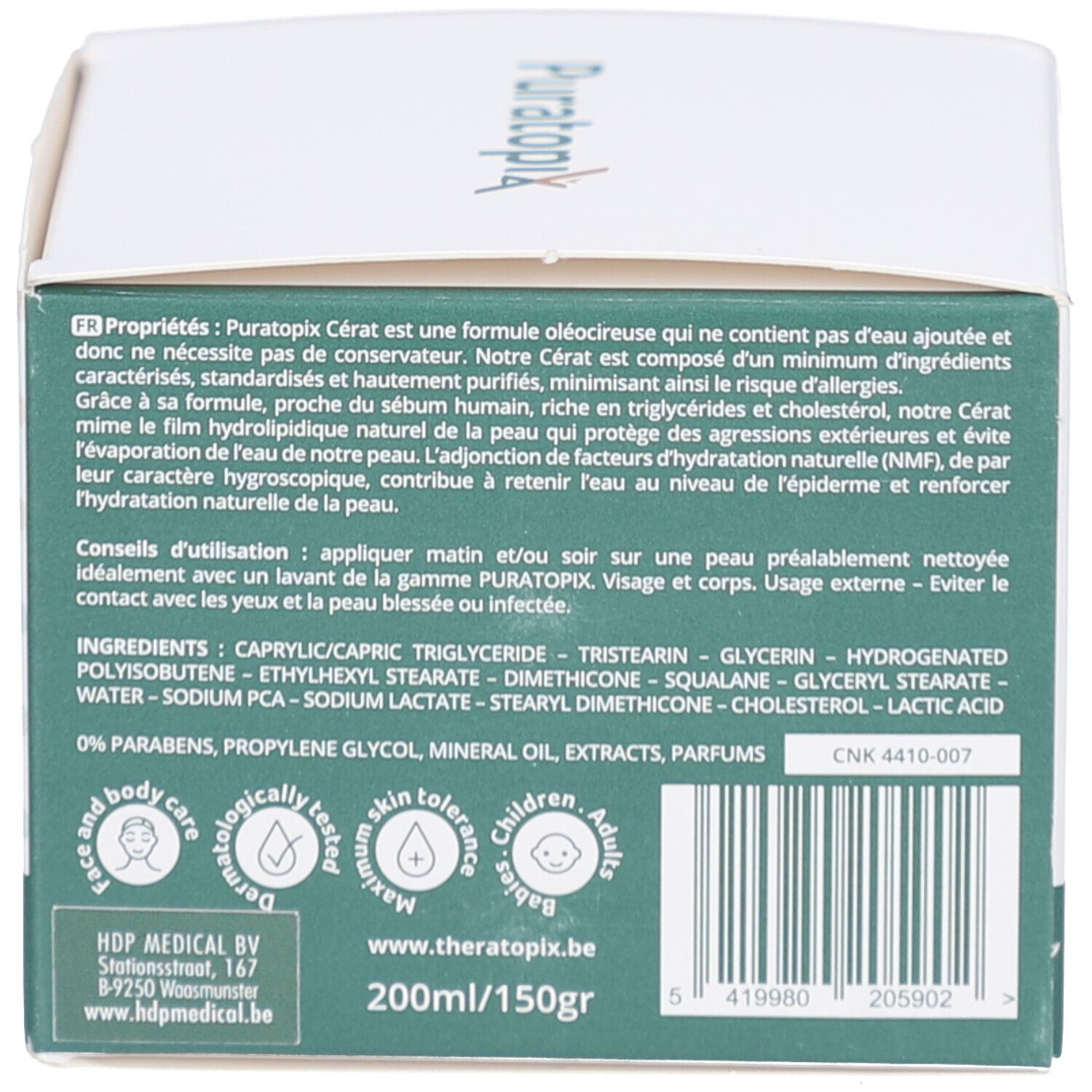 Rückseite der Produktverpackung. Text in französischer Sprache. Aufschrift: Puratopix Cérat.