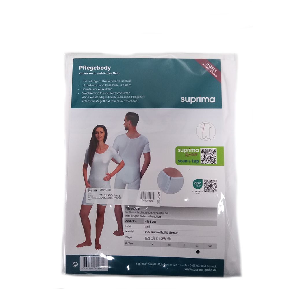 Emballage du body de soin. Nom du produit, illustrations homme et femme en body, code QR, indications de taille.