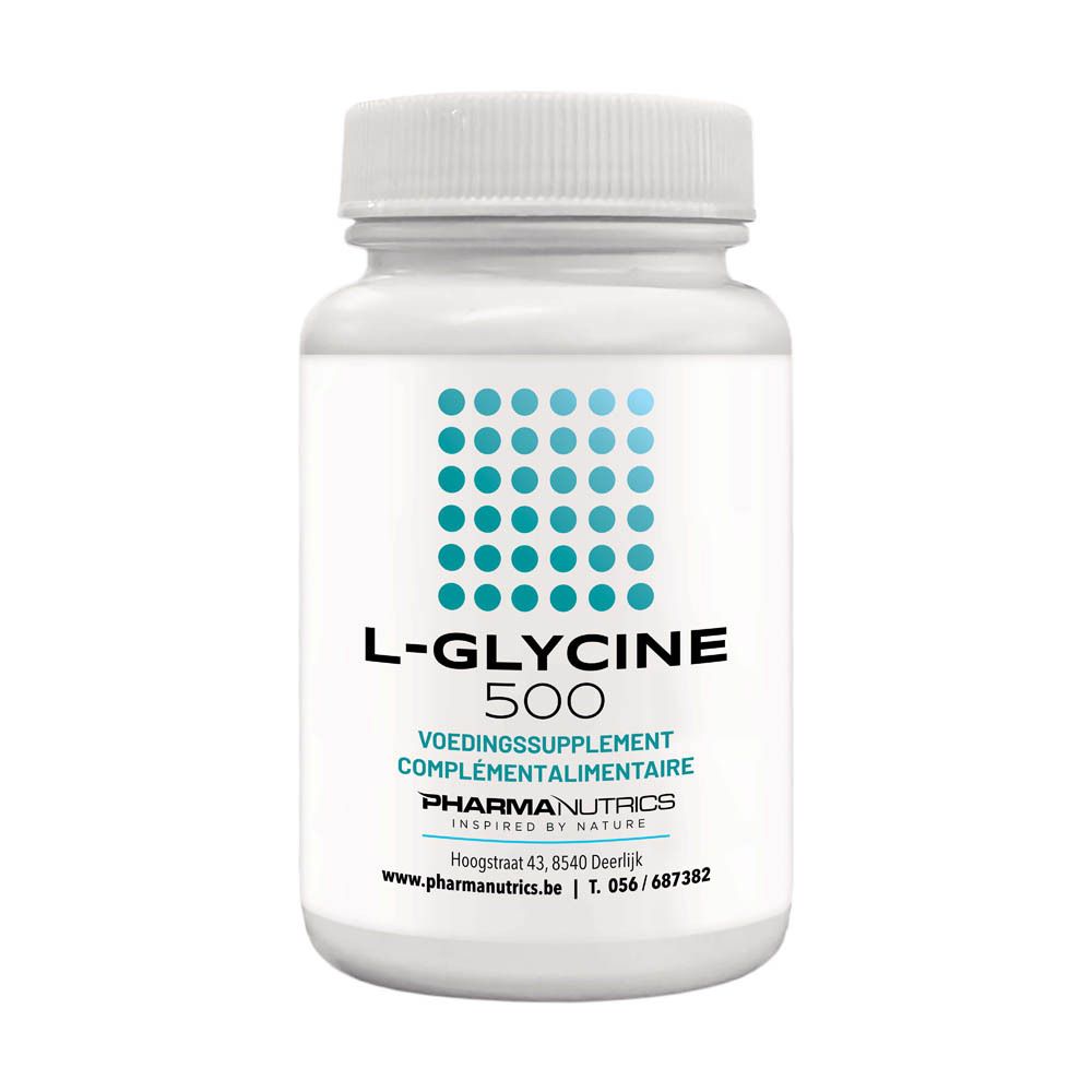 Weiße Flasche mit blauem Etikett. Aufschrift: L-Glycine 500, Pharmanutrics. Deckel oben.