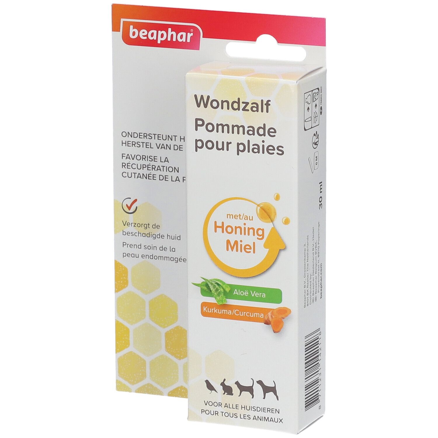Beaphar Wundsalbe, Honig-Miel, Aloe Vera und Kurkuma. Verpackung mit Produktinformationen und Logo.