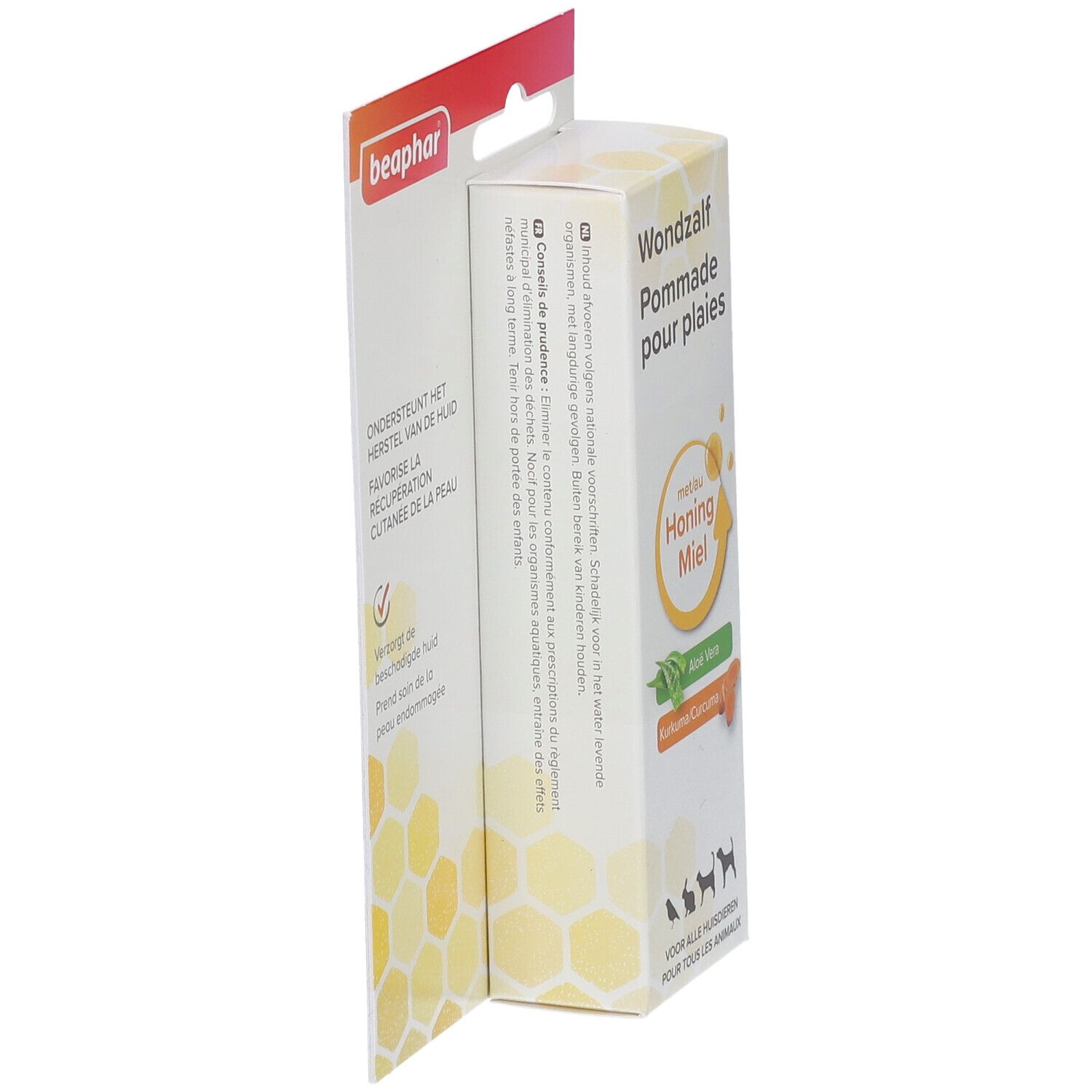 Beaphar Wundsalbe-Verpackung, Seitenansicht. Produktname, Honig-Miel-Logo und Produktinformationen.