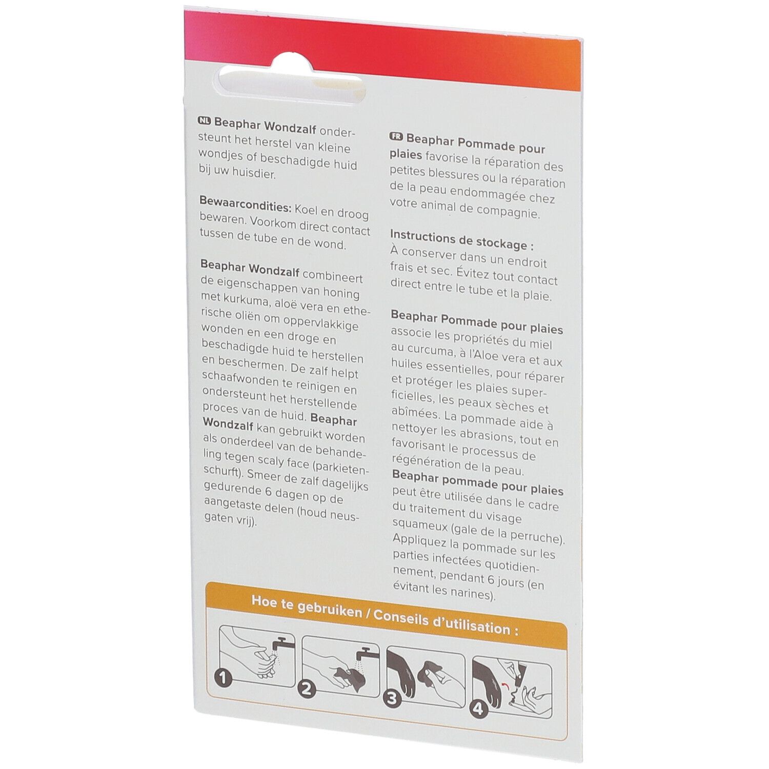 Rückseite der Beaphar Wundsalbe-Verpackung. Produktinformationen, Anweisungen und Logo.