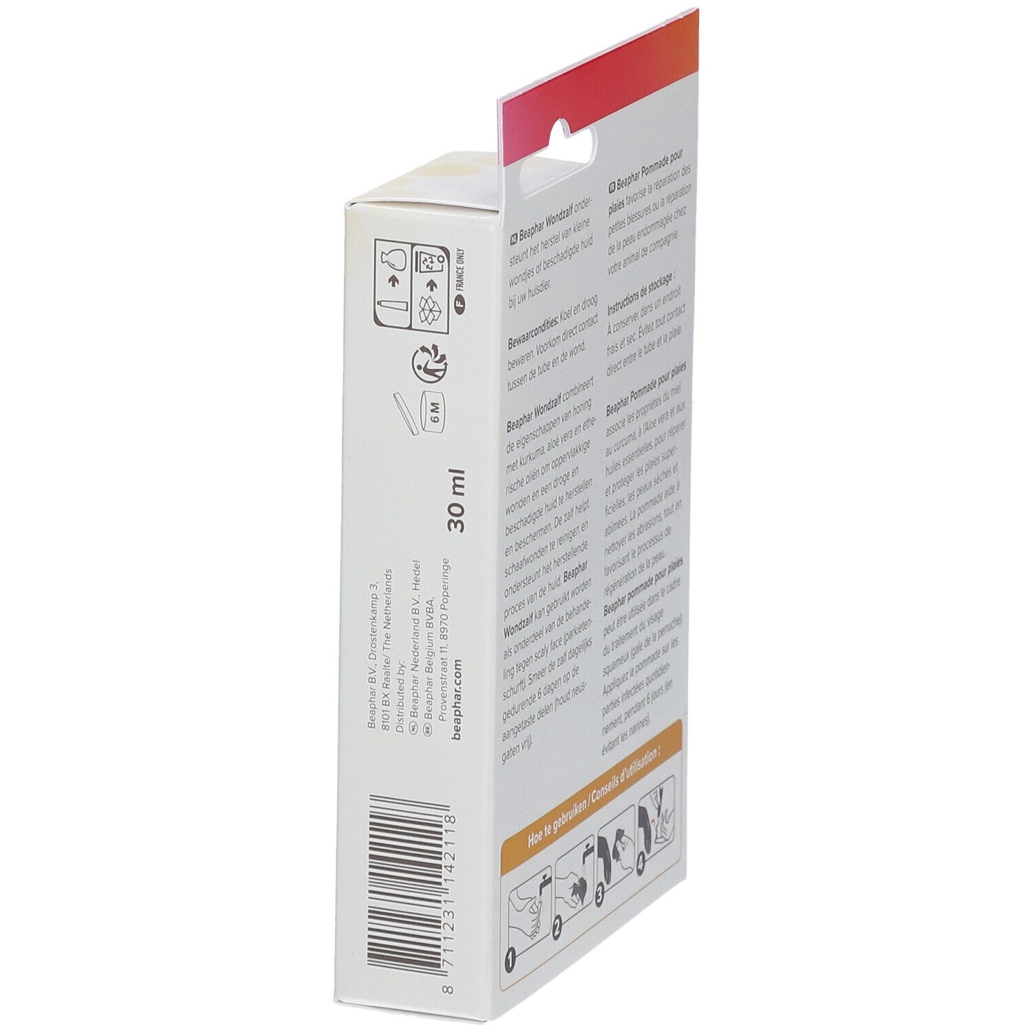 Beaphar Wundsalbe-Verpackung, Seitenansicht. Produktname, Volumen 30 ml und Logo.