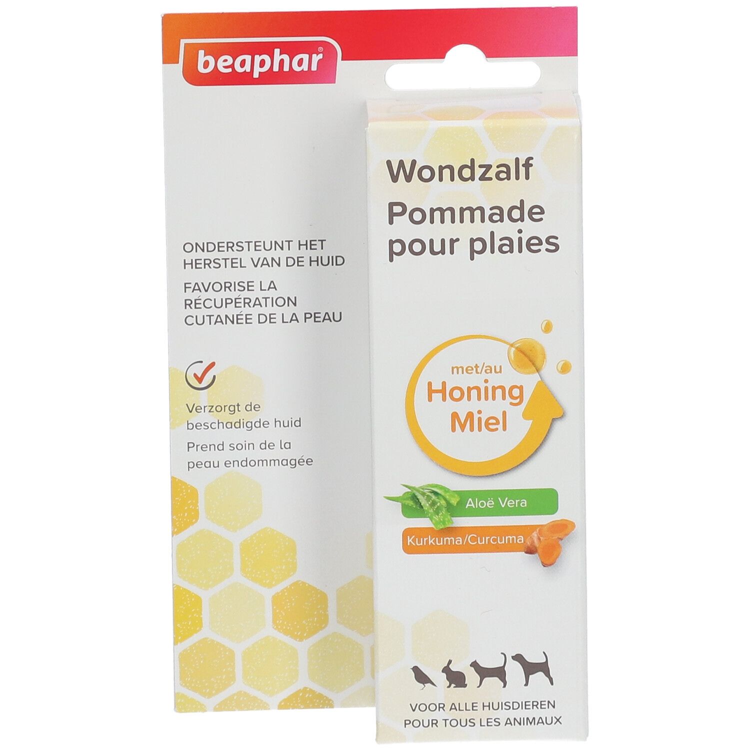 Beaphar Wundsalbe, Honig-Miel, Aloe Vera und Kurkuma. Verpackung mit Produktinformationen und Logo.