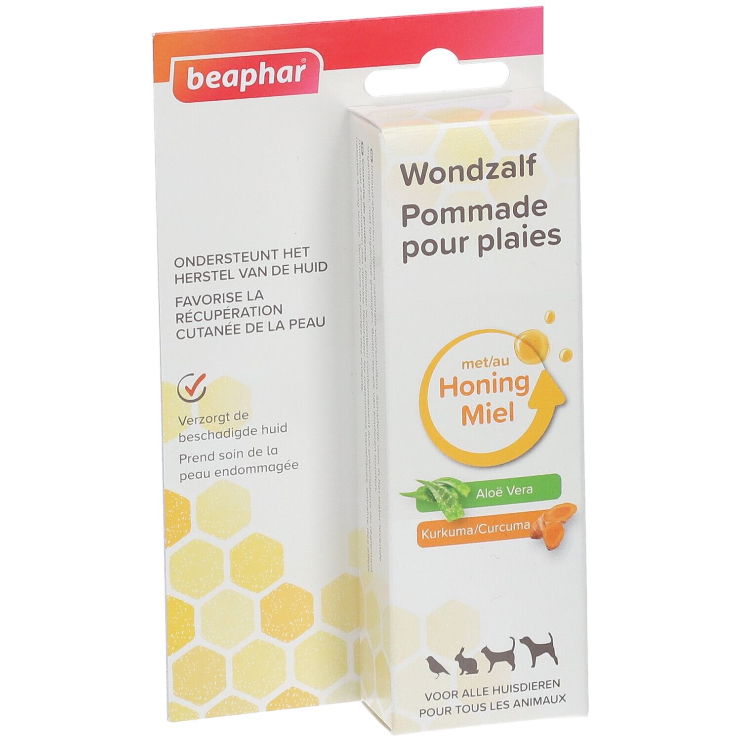 Beaphar Wundsalbe, Honig-Miel, Aloe Vera und Kurkuma. Verpackung mit Produktinformationen und Logo.