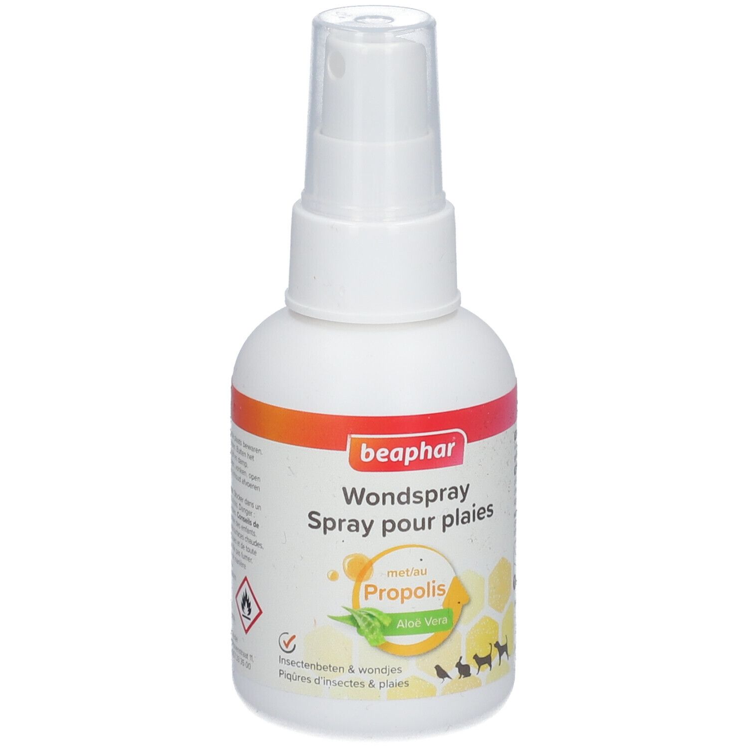 Weiße Sprühflasche mit orangefarbenem und rotem Etikett. Text: Beaphar Wondspray Spray pour plaies. Mit Propolis und Aloe Vera.