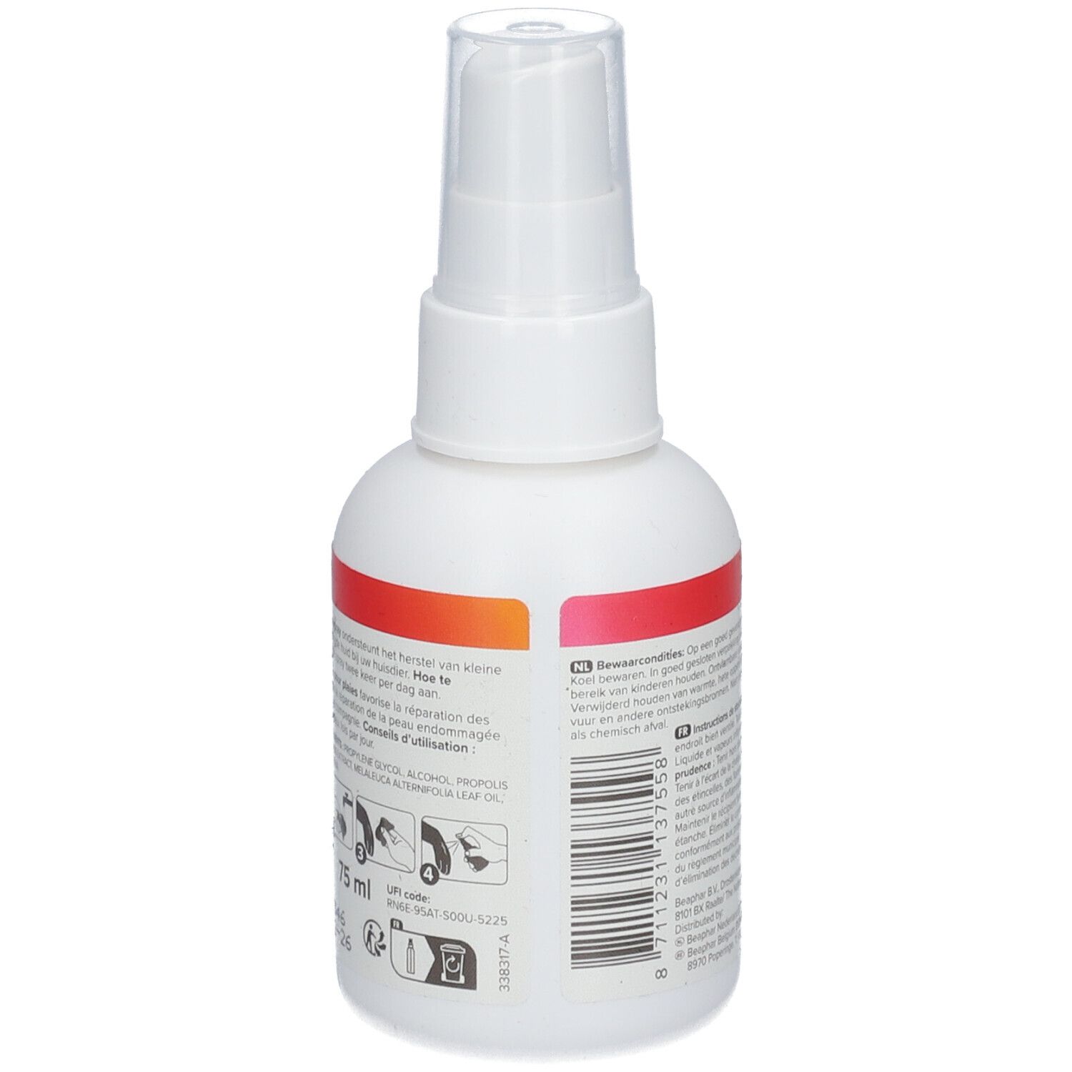 Rückseite der weißen Sprühflasche. Text und Piktogramme. Gebrauchsanweisung und Inhaltsstoffe. Warnhinweis.