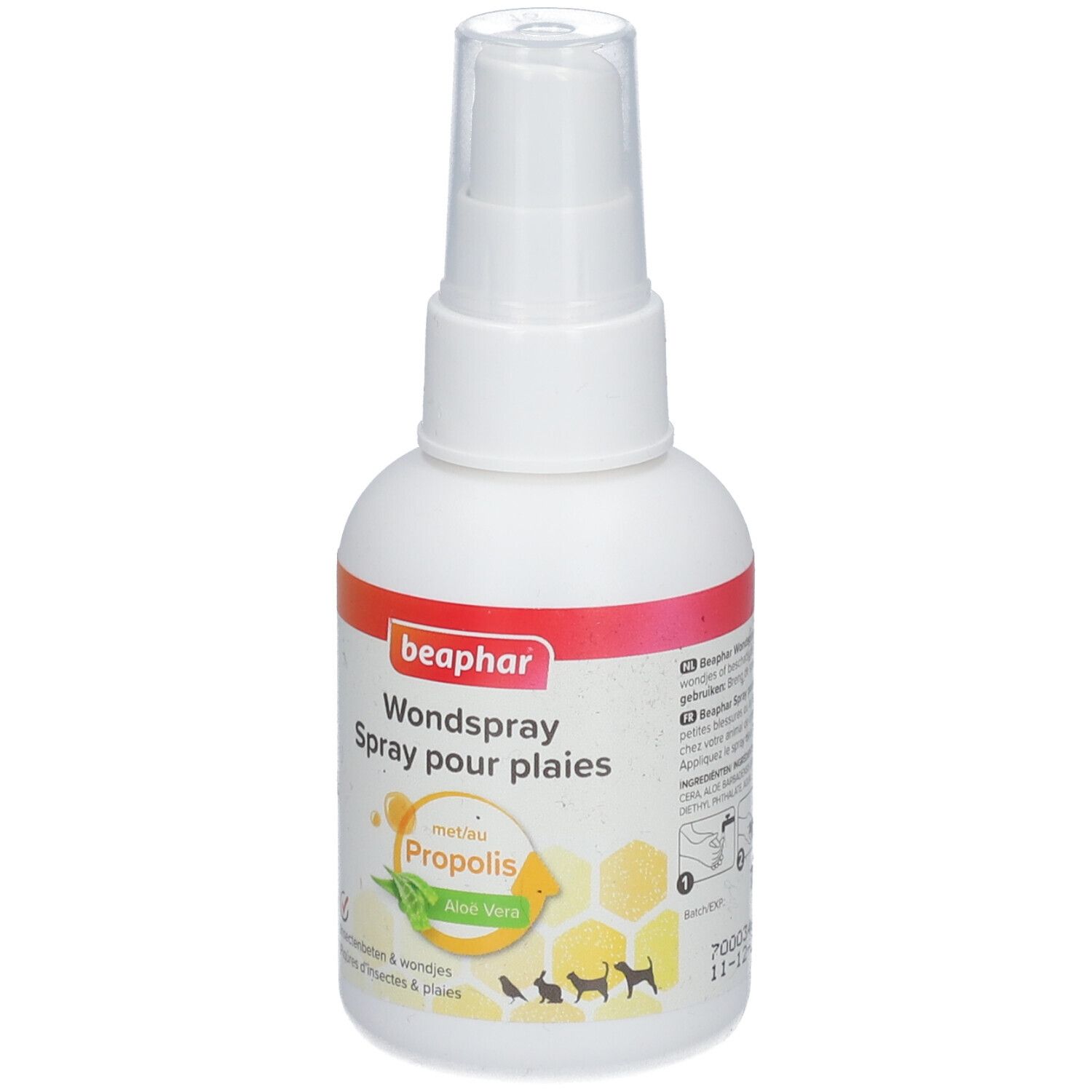 Weiße Sprühflasche mit orangefarbenem und rotem Etikett. Text: Beaphar Wondspray Spray pour plaies. Mit Propolis und Aloe Vera.
