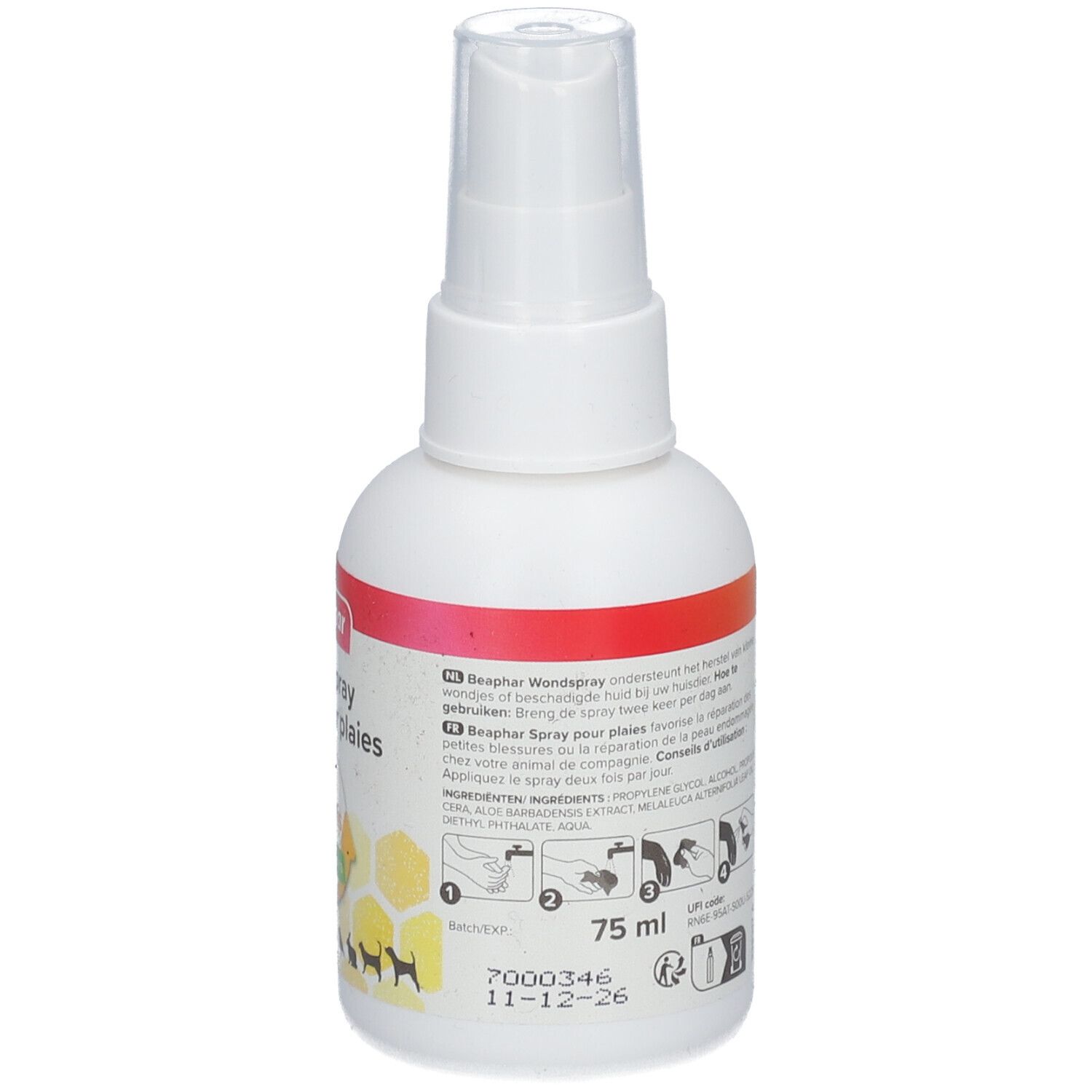 Rückseite der weißen Sprühflasche. Text und Piktogramme. Gebrauchsanweisung. Volumen: 75 ml. Haltbarkeitsdatum.