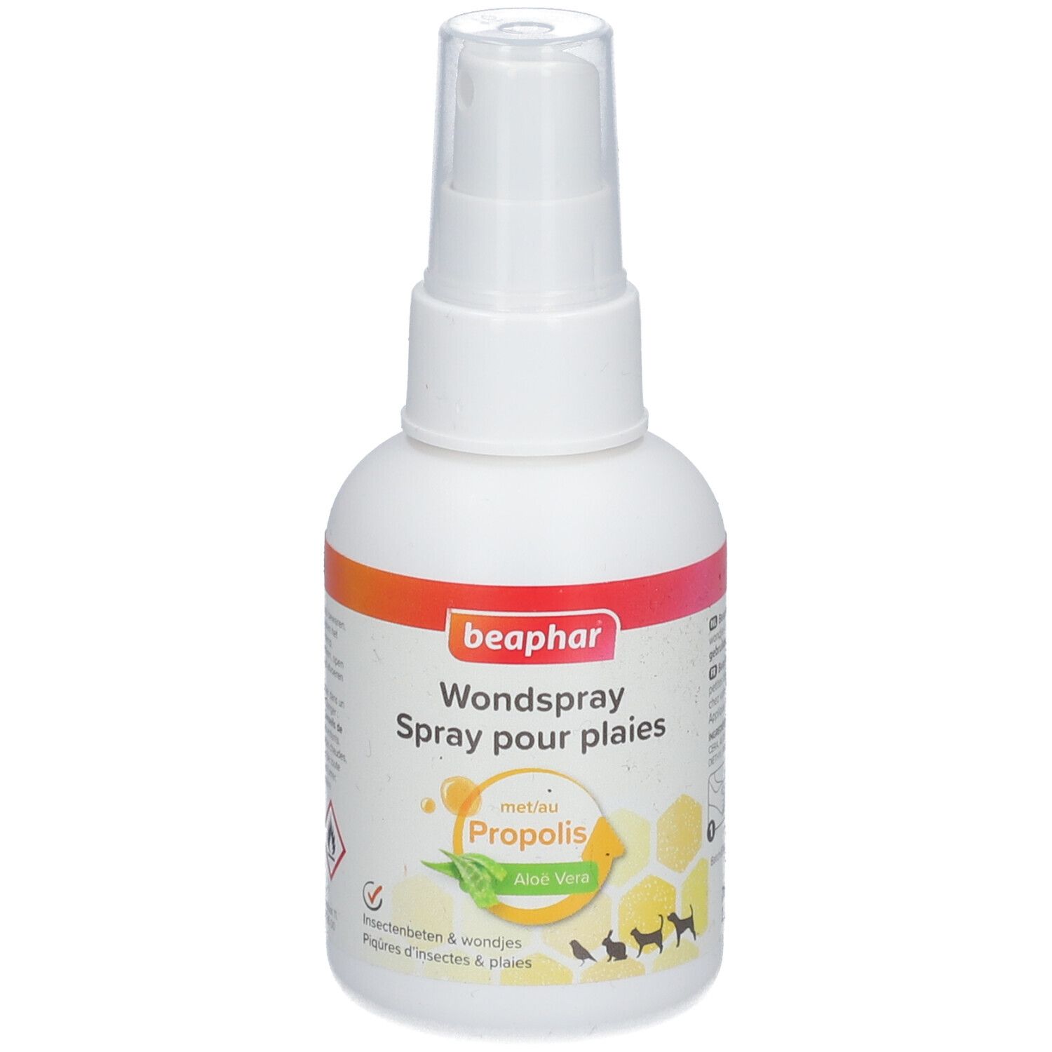 Weiße Sprühflasche mit orangefarbenem und rotem Etikett. Text: Beaphar Wondspray Spray pour plaies. Mit Propolis und Aloe Vera.