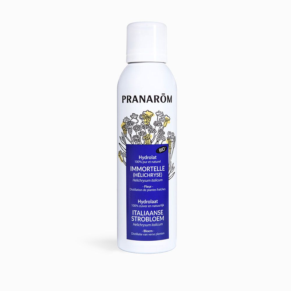Flacon blanc Pranarôm, étiquette bleue. Immortelle (Hélichryse), Strobloem italienne. Certification bio.