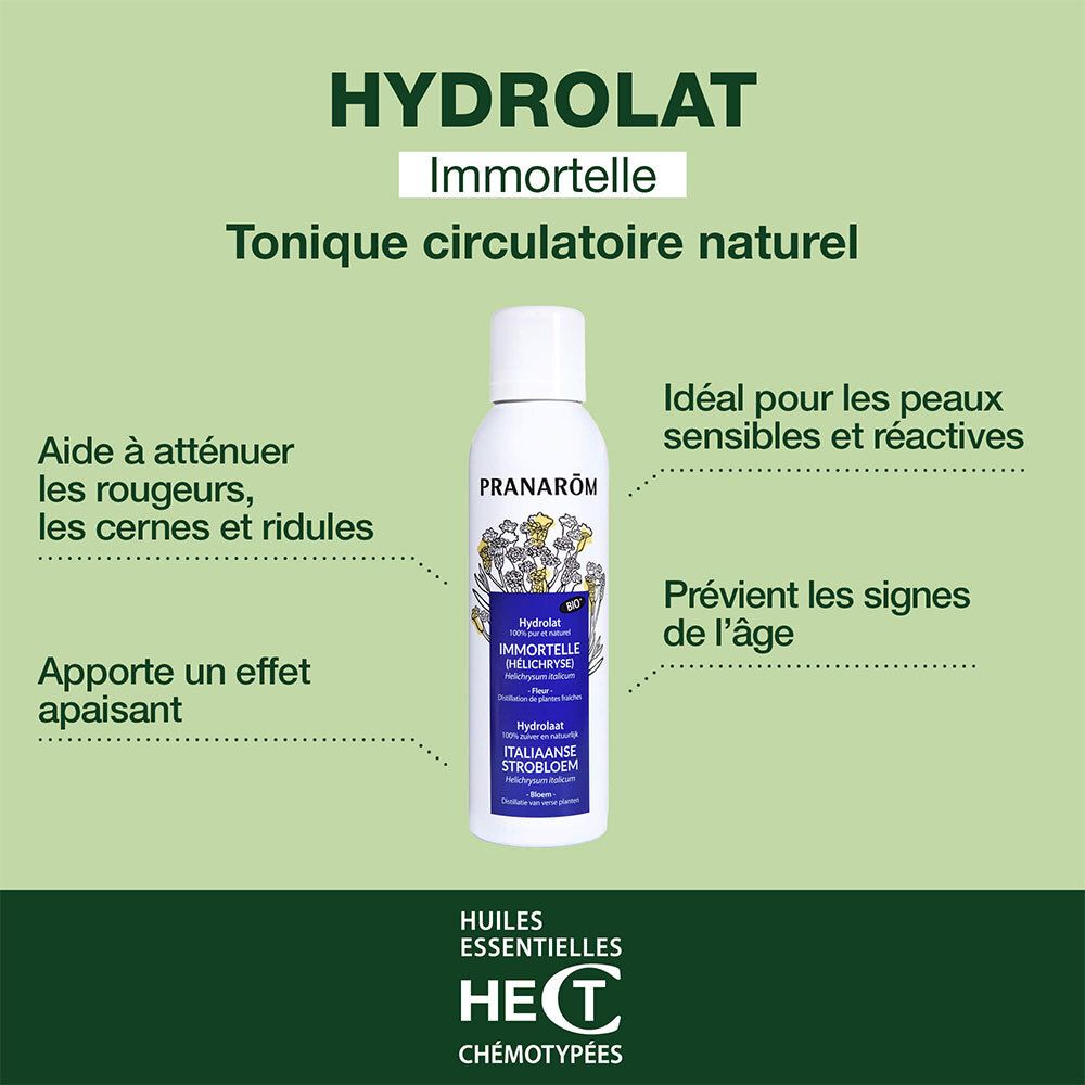 Flacon blanc Pranarôm. Texte: Hydrolat Immortelle. Tonique circulatoire naturel. Peaux sensibles. Prévient les signes de l'âge.