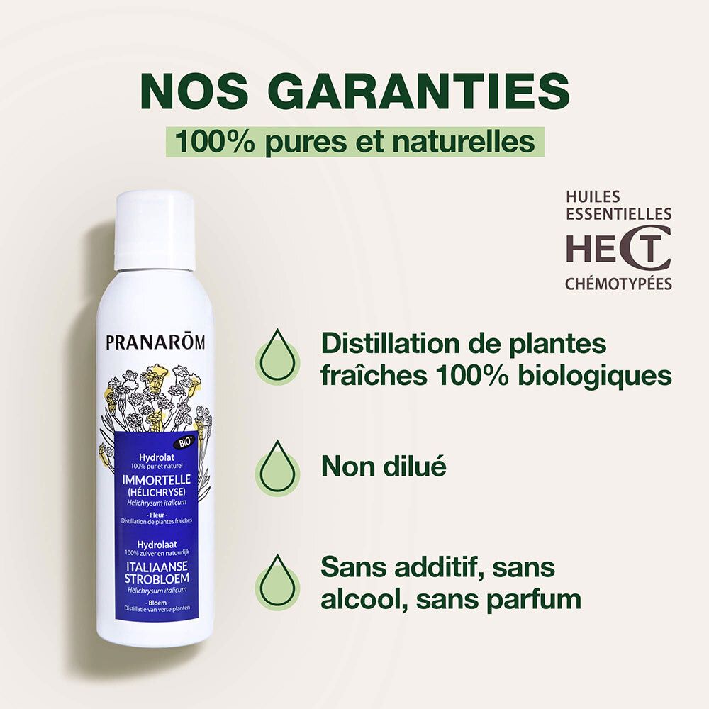 Flacon blanc Pranarôm. Texte: 100% pures et naturelles. Distillation de plantes fraîches, 100% biologiques. Non dilué. Sans additif.
