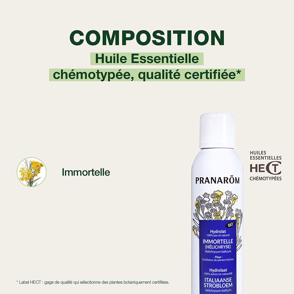 Flacon blanc Pranarôm. Texte: Huile essentielle chémotypée, qualité certifiée. Immortelle. Logo HECT.