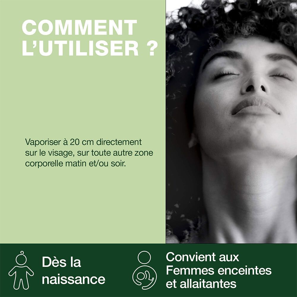 Femme aux yeux fermés. Texte: Vaporiser sur le visage. Convient dès la naissance et aux femmes enceintes/allaitantes.
