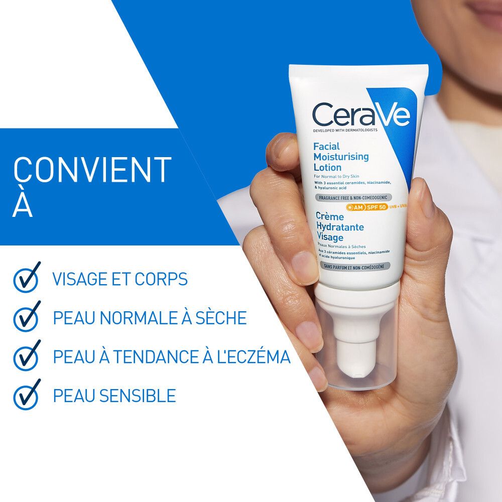 CeraVe Crème Hydratante Visage SPF 50 pour les peaux normales à sèches 52 ml