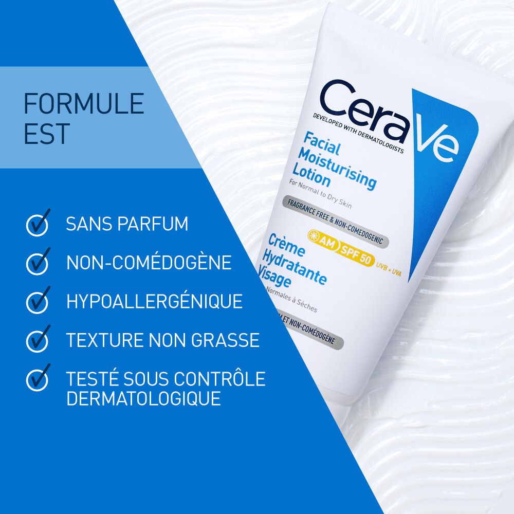 CeraVe Crème Hydratante Visage SPF 50 pour les peaux normales à sèches 52 ml