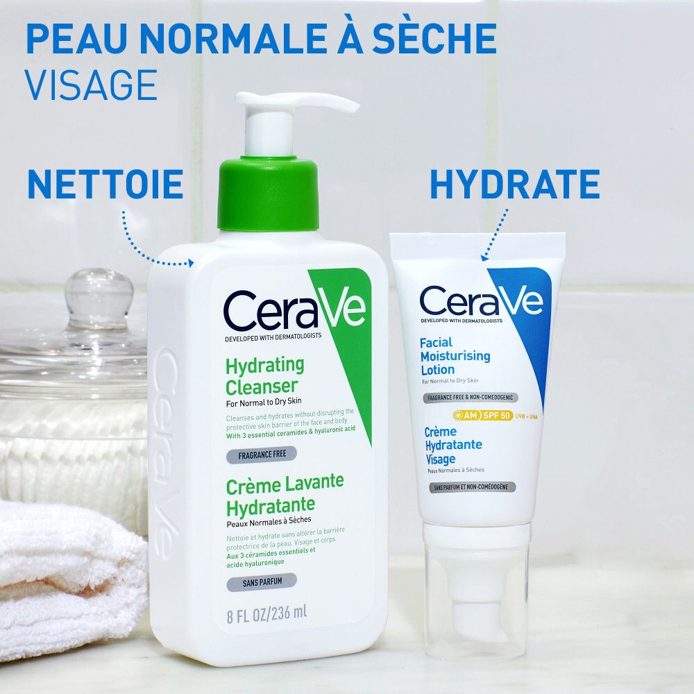 CeraVe Crème Hydratante Visage SPF 50 pour les peaux normales à sèches 52 ml