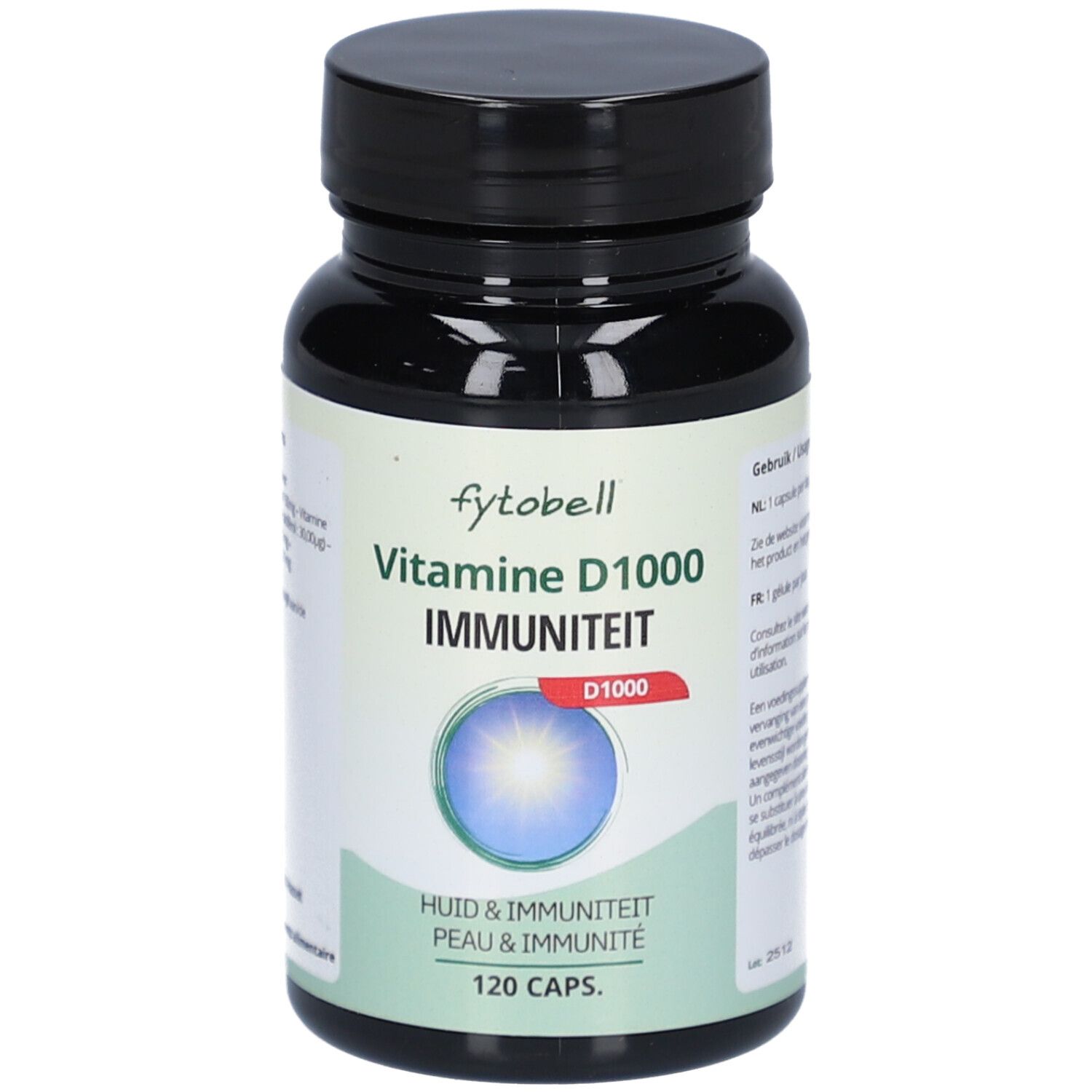 Fytobell® Vitamine D 1000 Immunité. Schwarze Flasche mit Kapseln. Aufschrift: Vitamine D1000, Immunité, 120 Kapseln.