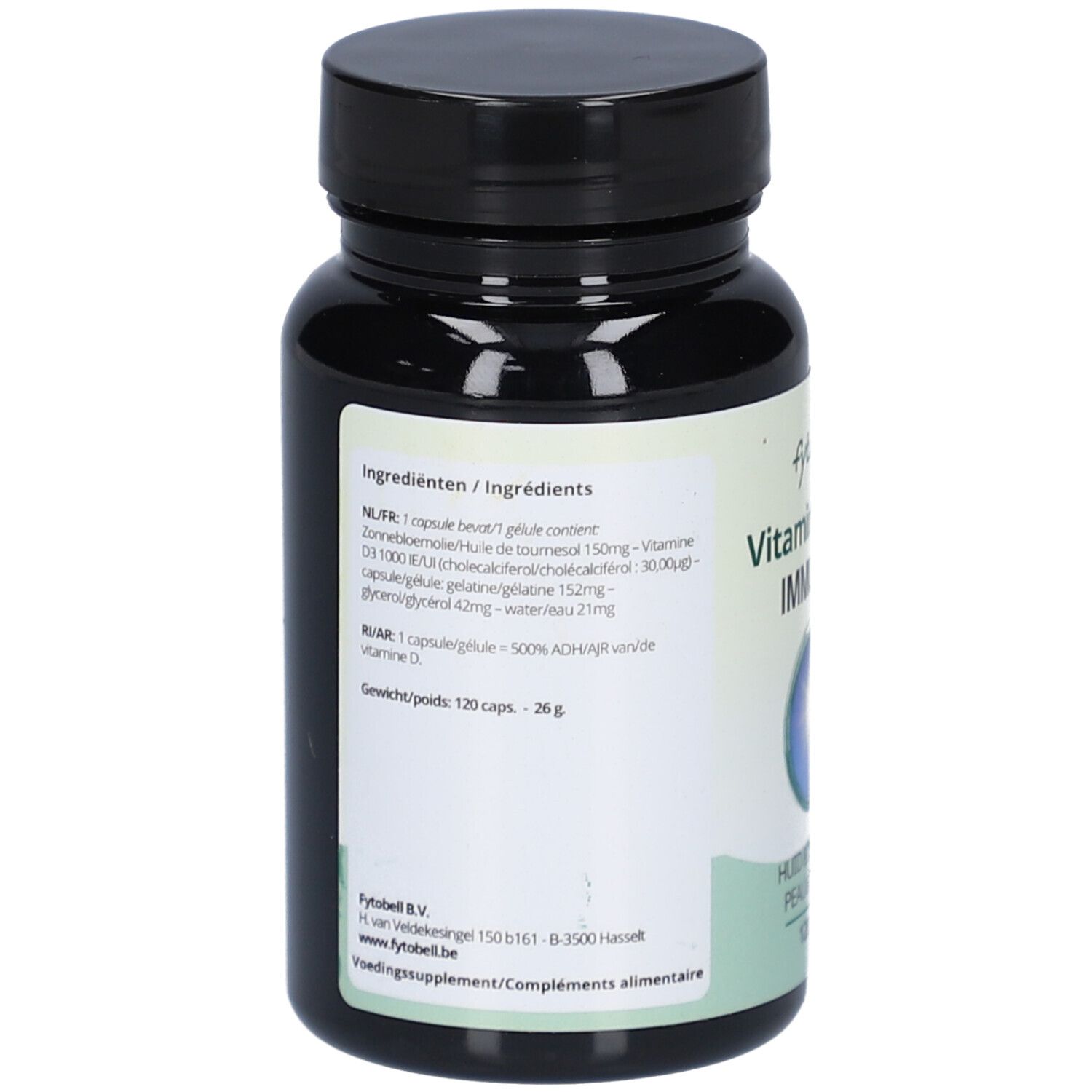 Rückseite der Fytobell® Vitamine D 1000 Immunité Flasche. Zutatenliste und Nährwertangaben. Schwarzer Deckel.