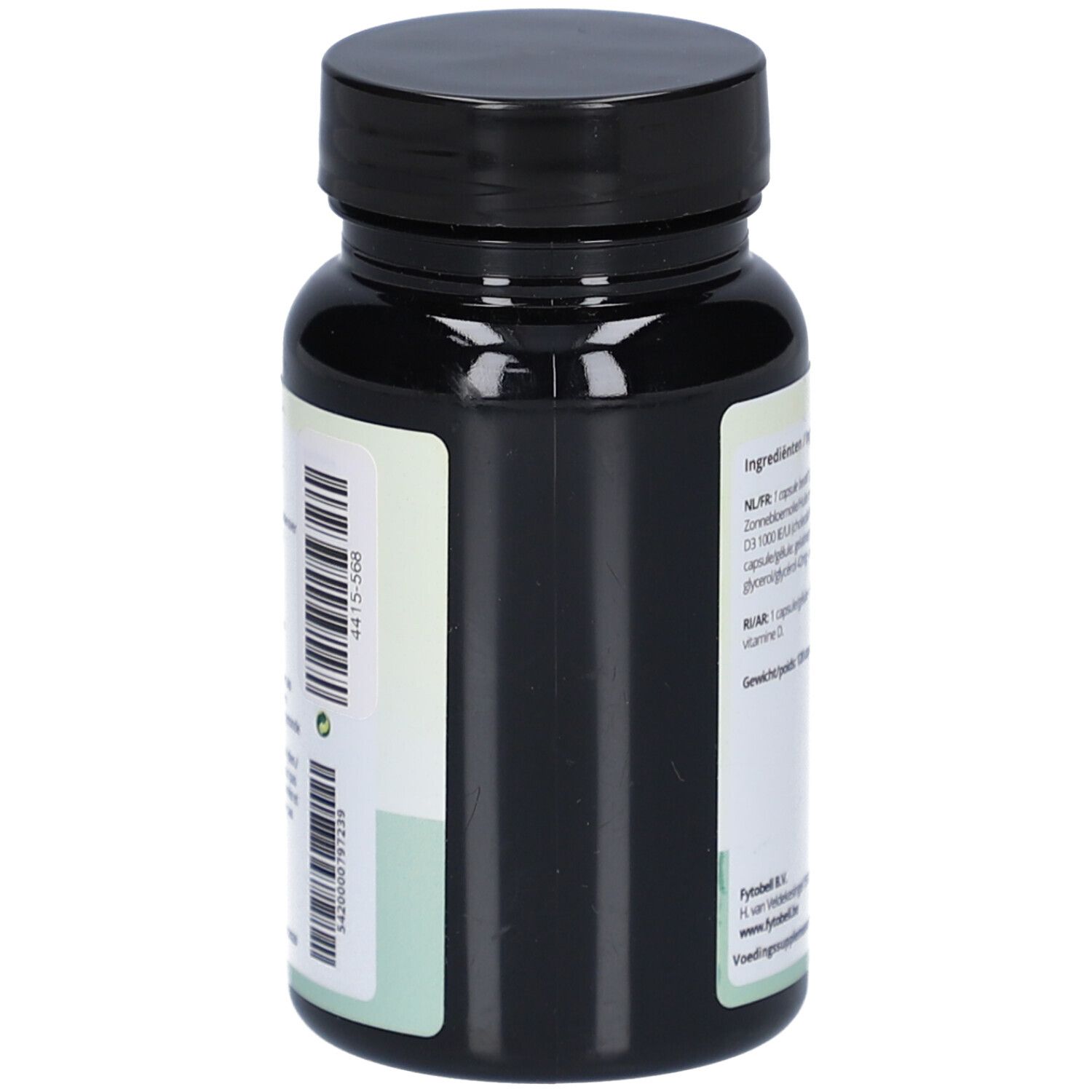 Fytobell® Vitamine D 1000 Immunité Flasche, Seitenansicht. Schwarze Flasche mit weißem Etikett und Text.