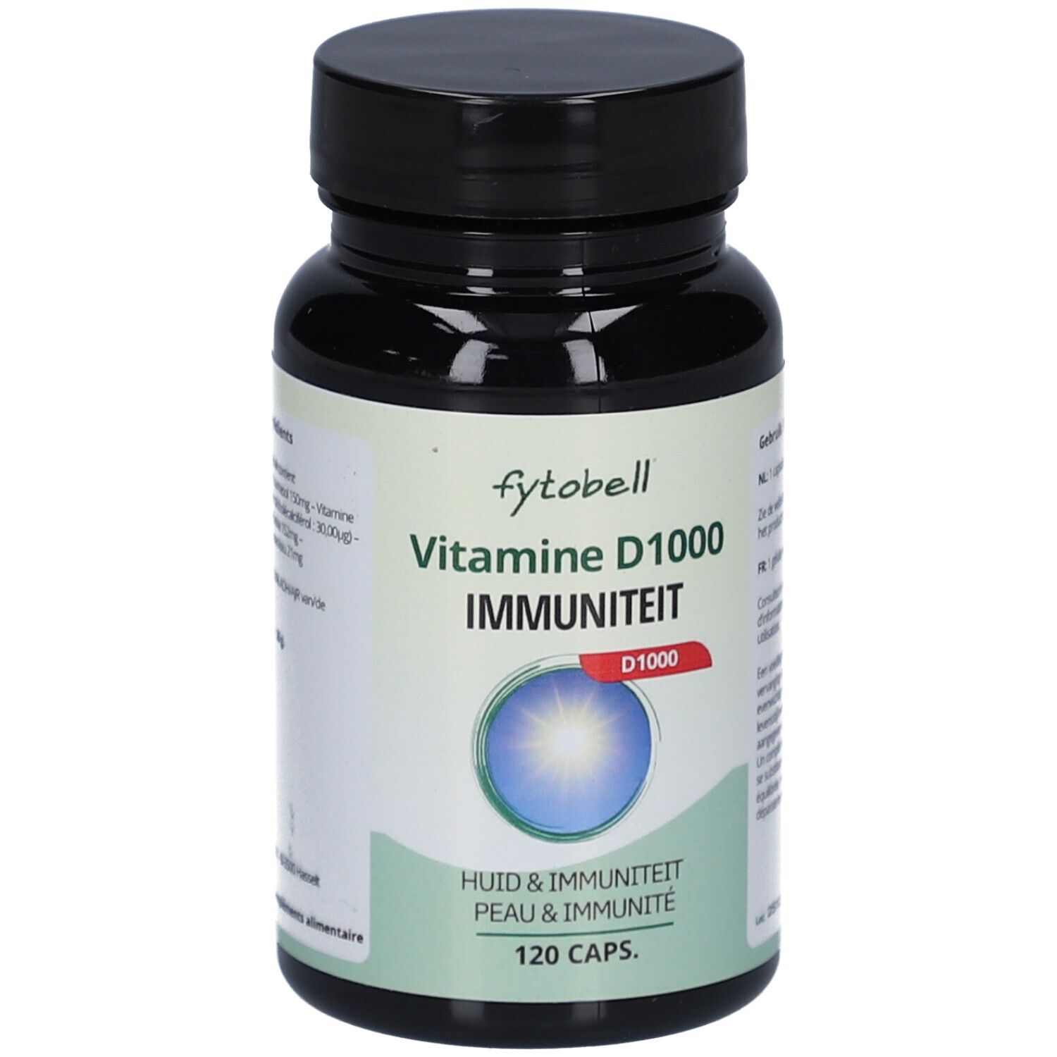 Fytobell® Vitamine D 1000 Immunité. Schwarze Flasche mit Kapseln. Aufschrift: Vitamine D1000, Immunité, 120 Kapseln.