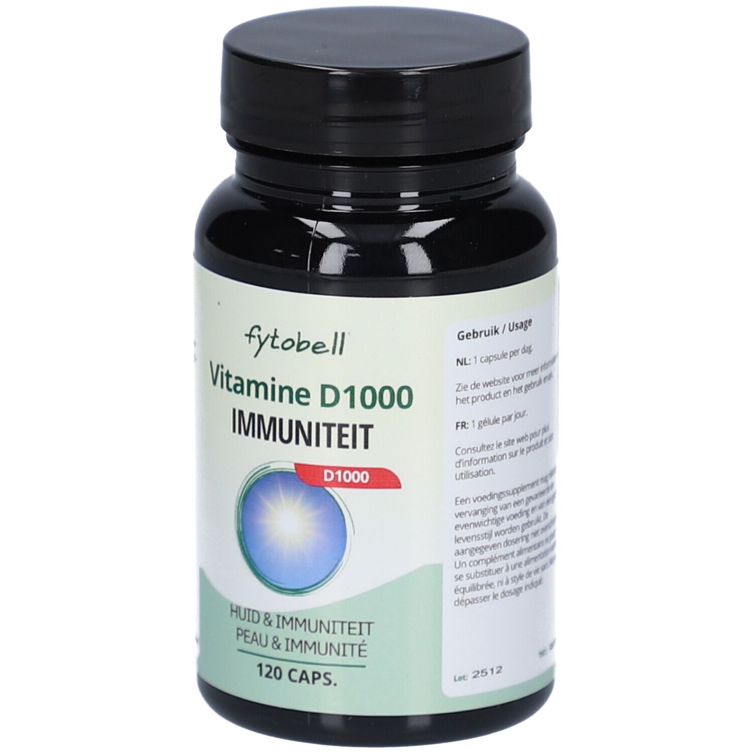 Fytobell® Vitamine D 1000 Immunité. Schwarze Flasche mit Kapseln. Aufschrift: Vitamine D1000, Immunité, 120 Kapseln.