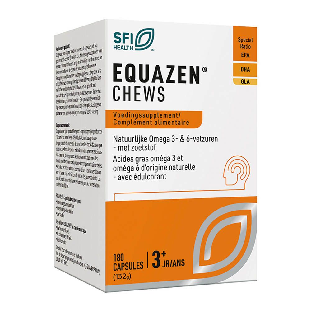 Boîte EQUAZEN® eye q® Chews. Emballage orange avec informations produit. 180 capsules, 3+ ans.