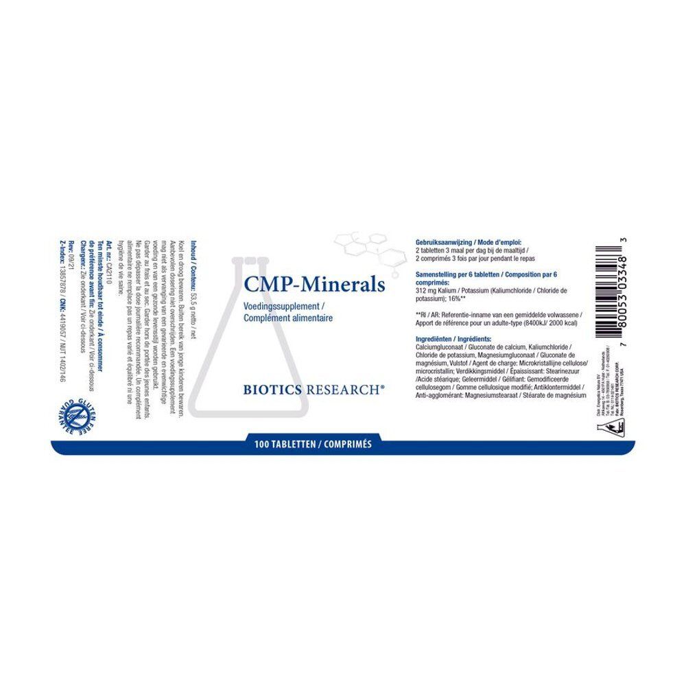 Étiquette du produit avec texte. Inscription "CMP-Minerals", "100 comprimés".