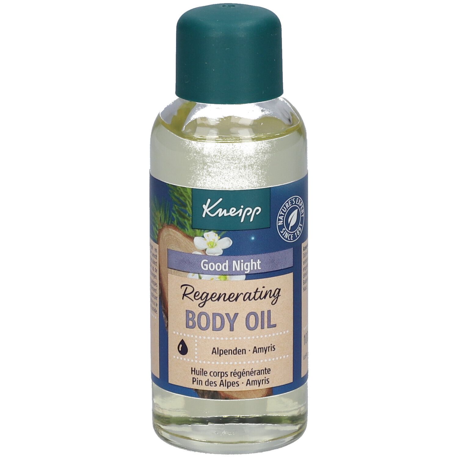 Flacon d'huile Kneipp Good Night. Bouchon vert, étiquettes bleu et blanc. Texte: Regenerating Body Oil, Alpen, Amyris.