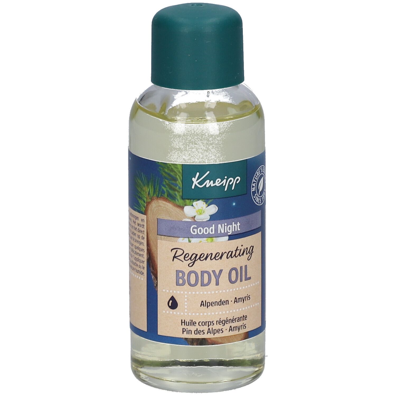 Flacon d'huile Kneipp Good Night. Bouchon vert, étiquettes bleu et blanc. Texte: Regenerating Body Oil, Alpen, Amyris.