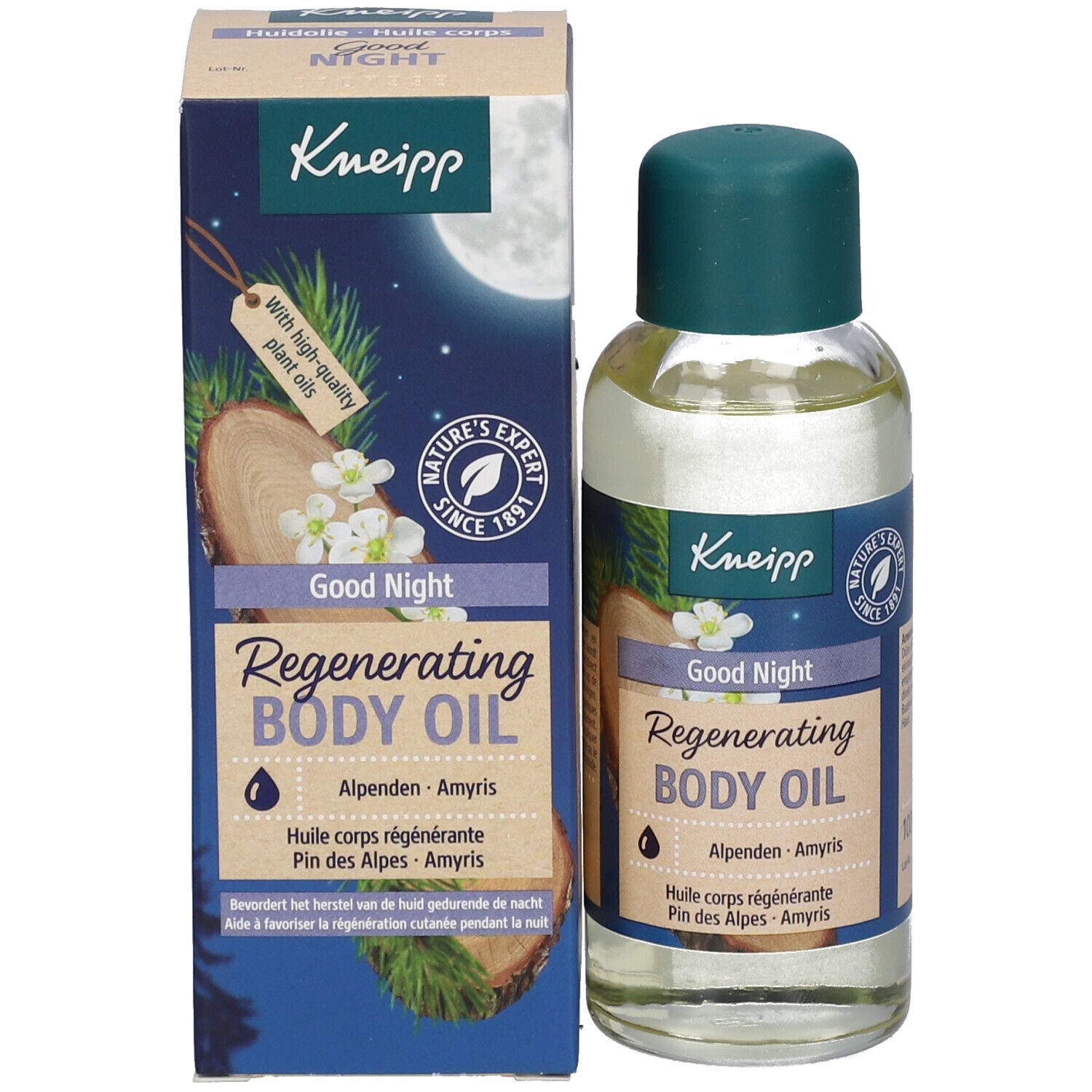 Flacon et emballage Kneipp Good Night. Flacon avec bouchon vert. Emballage avec texte et logo.